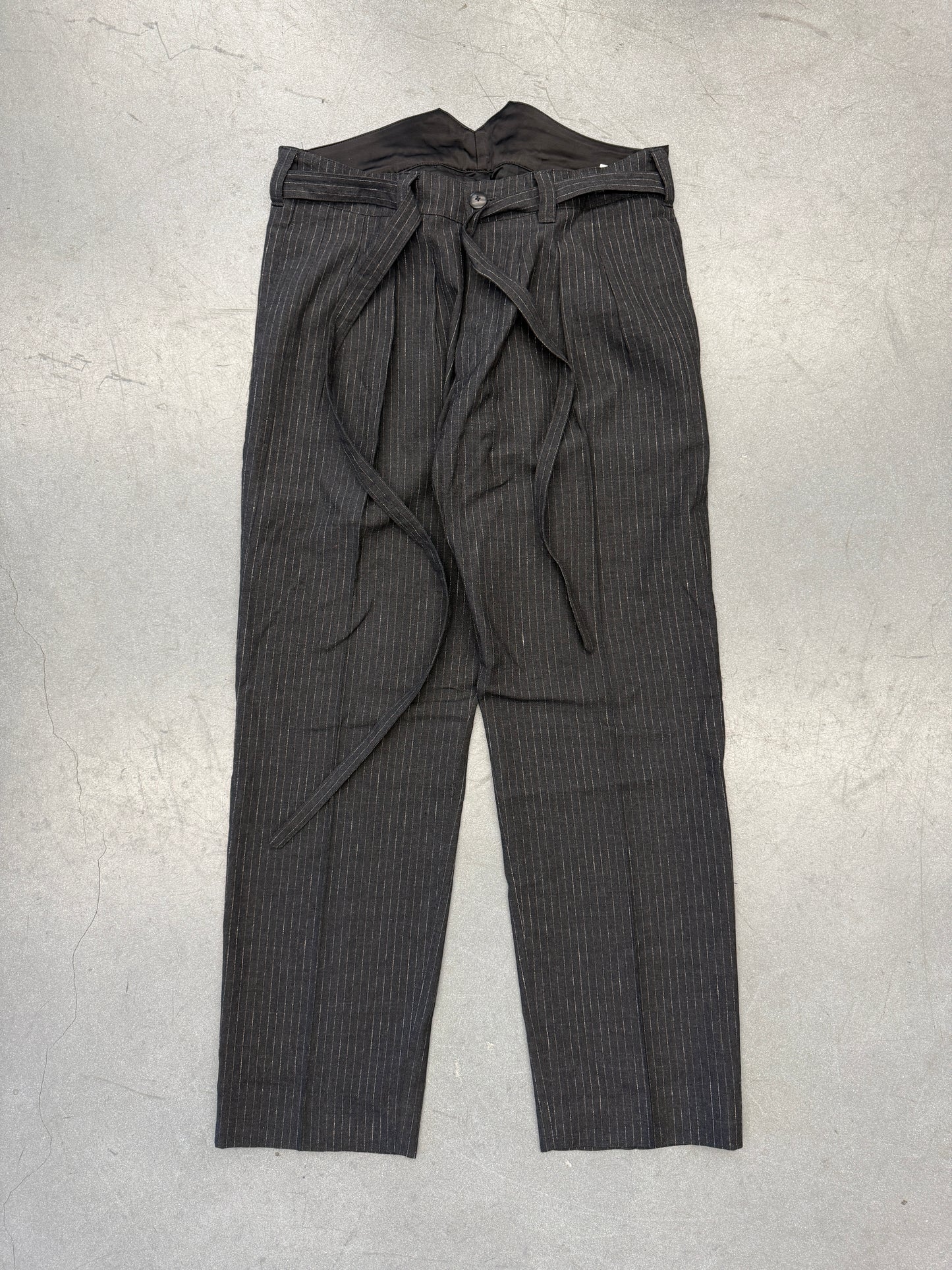 VISVIM PINSTRIPE WOOL WIDE CUFF PANTS - BLACK