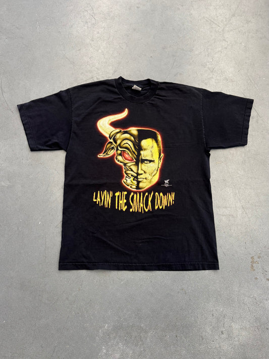 1999 WWF THE ROCK LAYIN' THE SMACK DOWN! "ON YOUR ROODY POO CANDY ASS" TEE (AAA TAG)