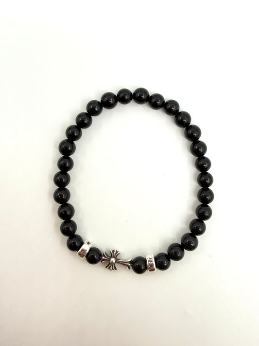 CHROME HEARTS 6MM BLACK BEADED SILVER CROSS BRACELET