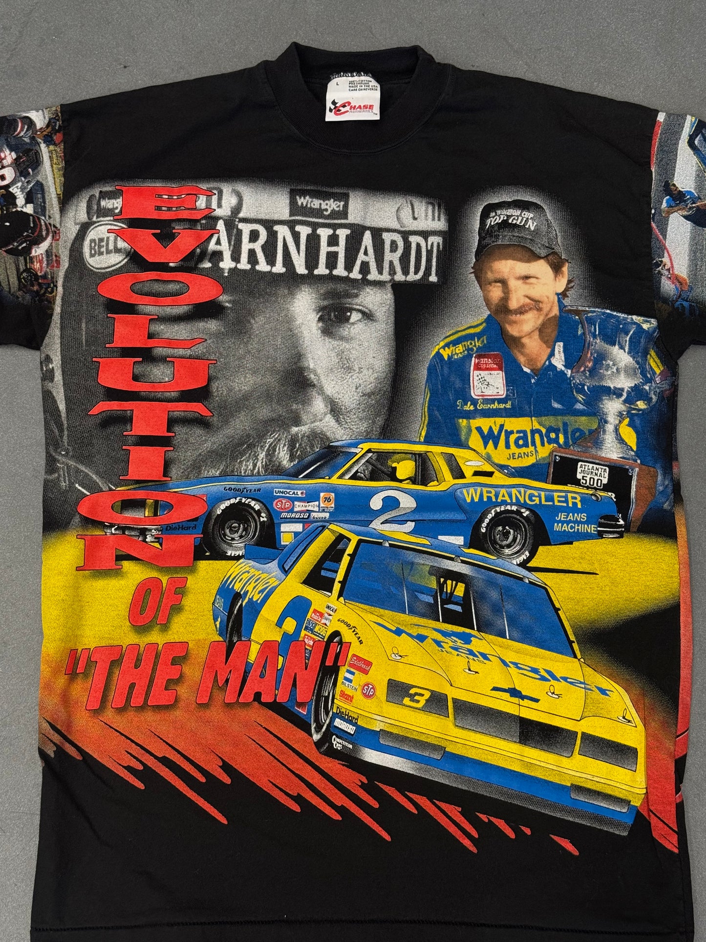 1998 NASCAR DALE EARNHARDT EVOLUTION OF "THE MAN" AOP TEE (CHASE TAG)