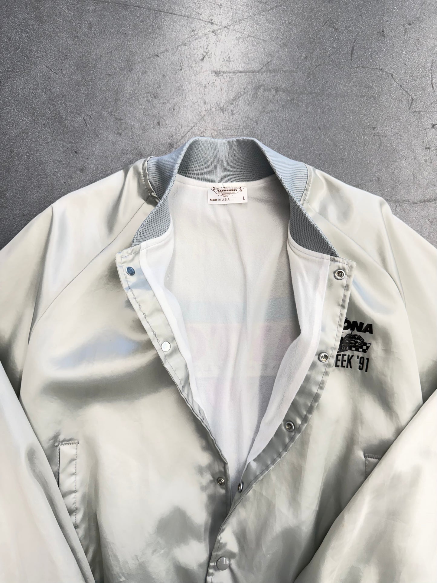 1991 RACE WEEK DAYTONA BEACH FLORIDA GREY SATIN SNAP VARSITY JACKET
