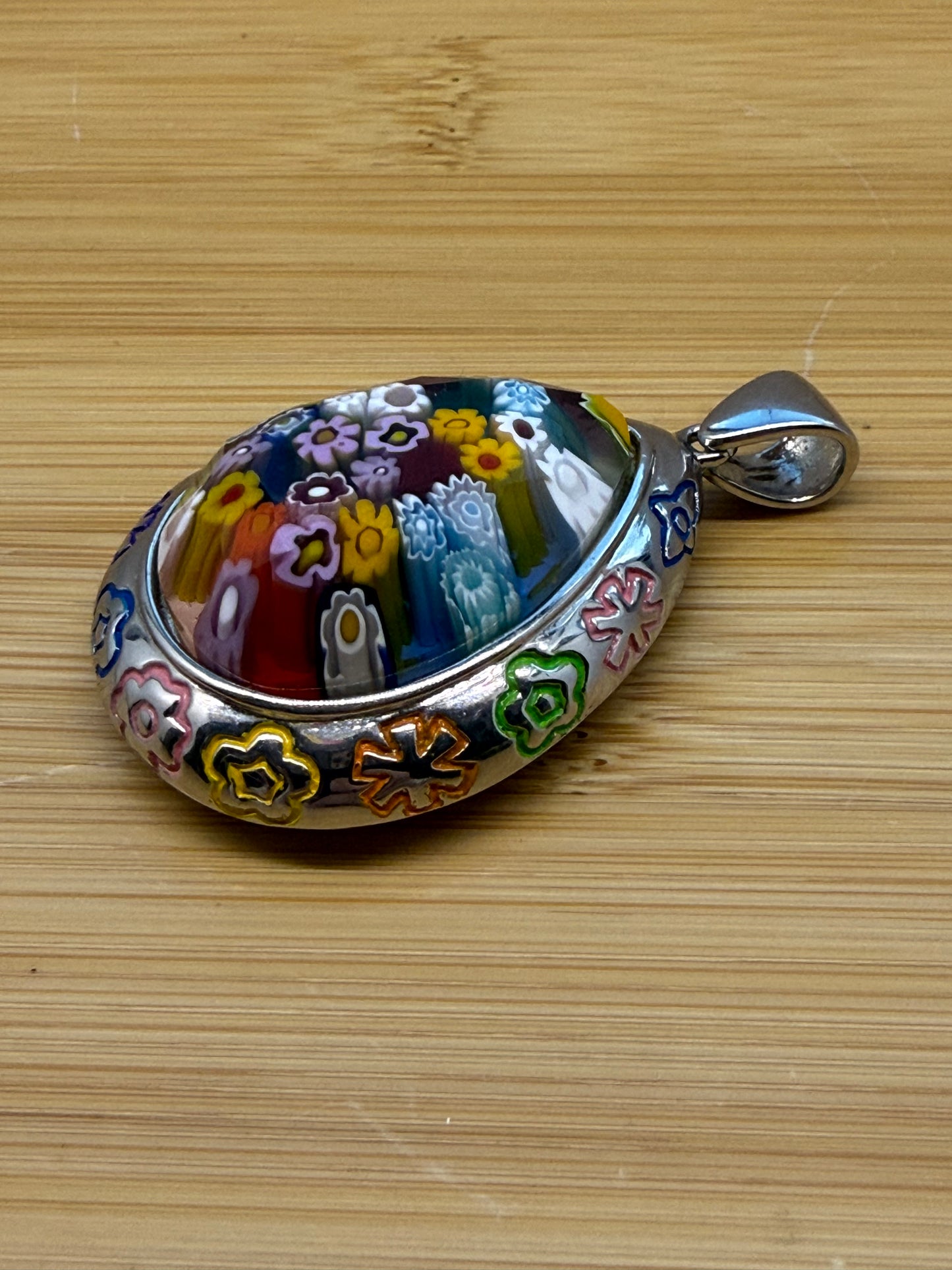 ALAN K. DOUBLE PEAR MILLEFIORI MURANO GLASS MULTICOLOR FLOWER SILVER PENDANT