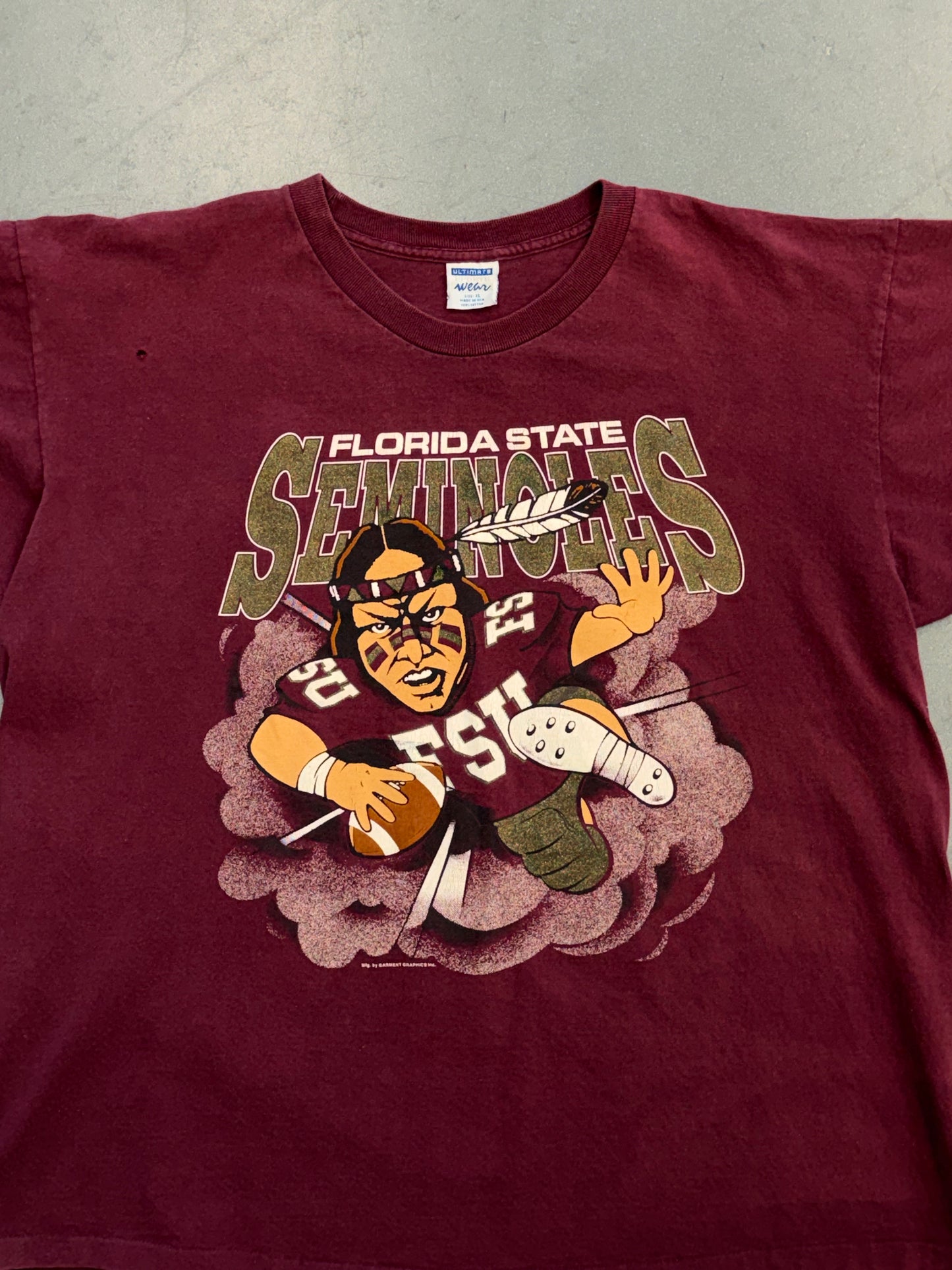 90'S FSU FLORIDA STATE SEMINOLES RUSHING SEMINOLE BREAKTHROUGH TEE (ULTIMATE TAG)