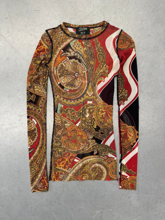 90'S JEAN PAUL GAULTIER WOMENS MULTICOLOR PAISLEY PRINT MESH TOP