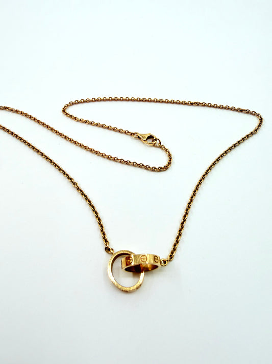 CARTIER 18K YELLOW GOLD LOVE INTERLOCKING TWO-RING NECKLACE