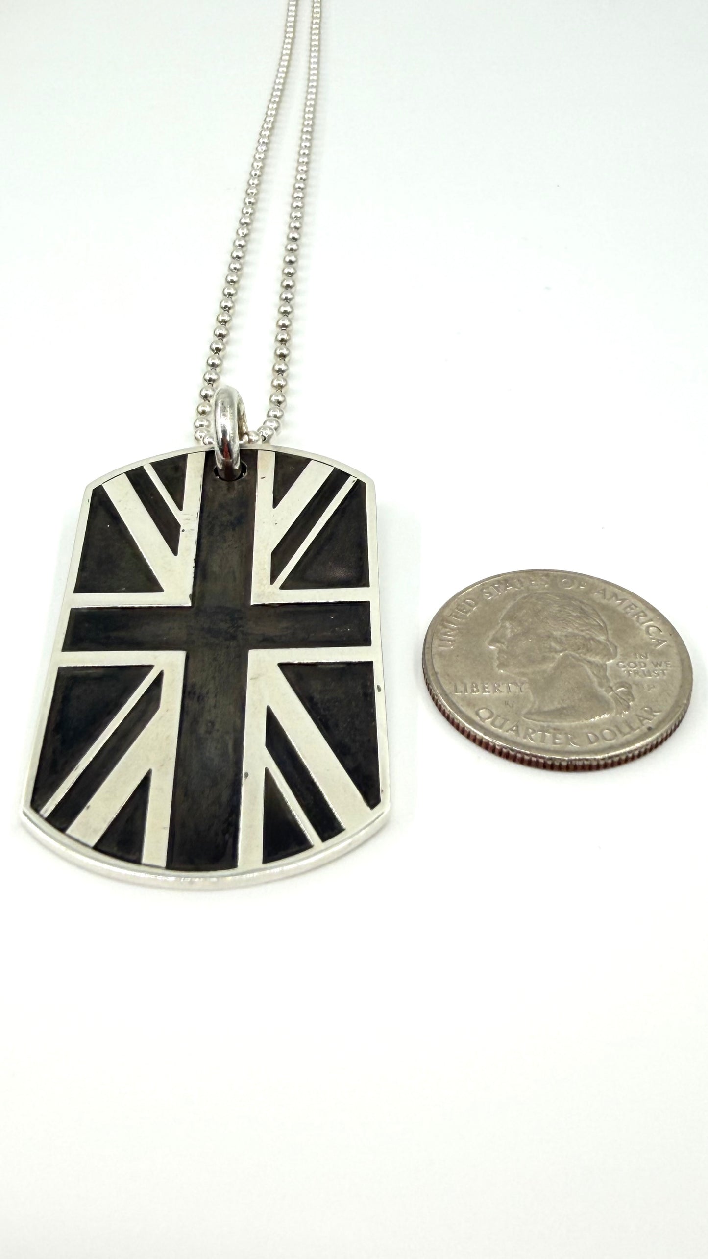 CHROME HEARTS UNION JACK SILVER DOG TAG "GOD SAVE THE SEX PISTOLS" WITH 30 INCH SILVER BALL CHAIN