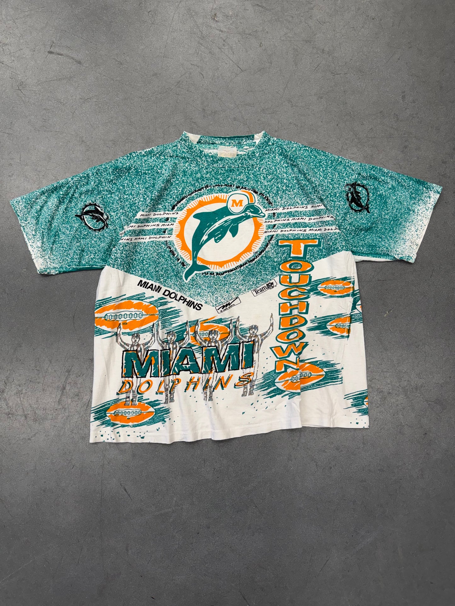 90S MIAMI DOLPHINS AMW SPORTS TEAM NFL AOP TEE (MAGIC JOHNSON'S RITZ TAG)