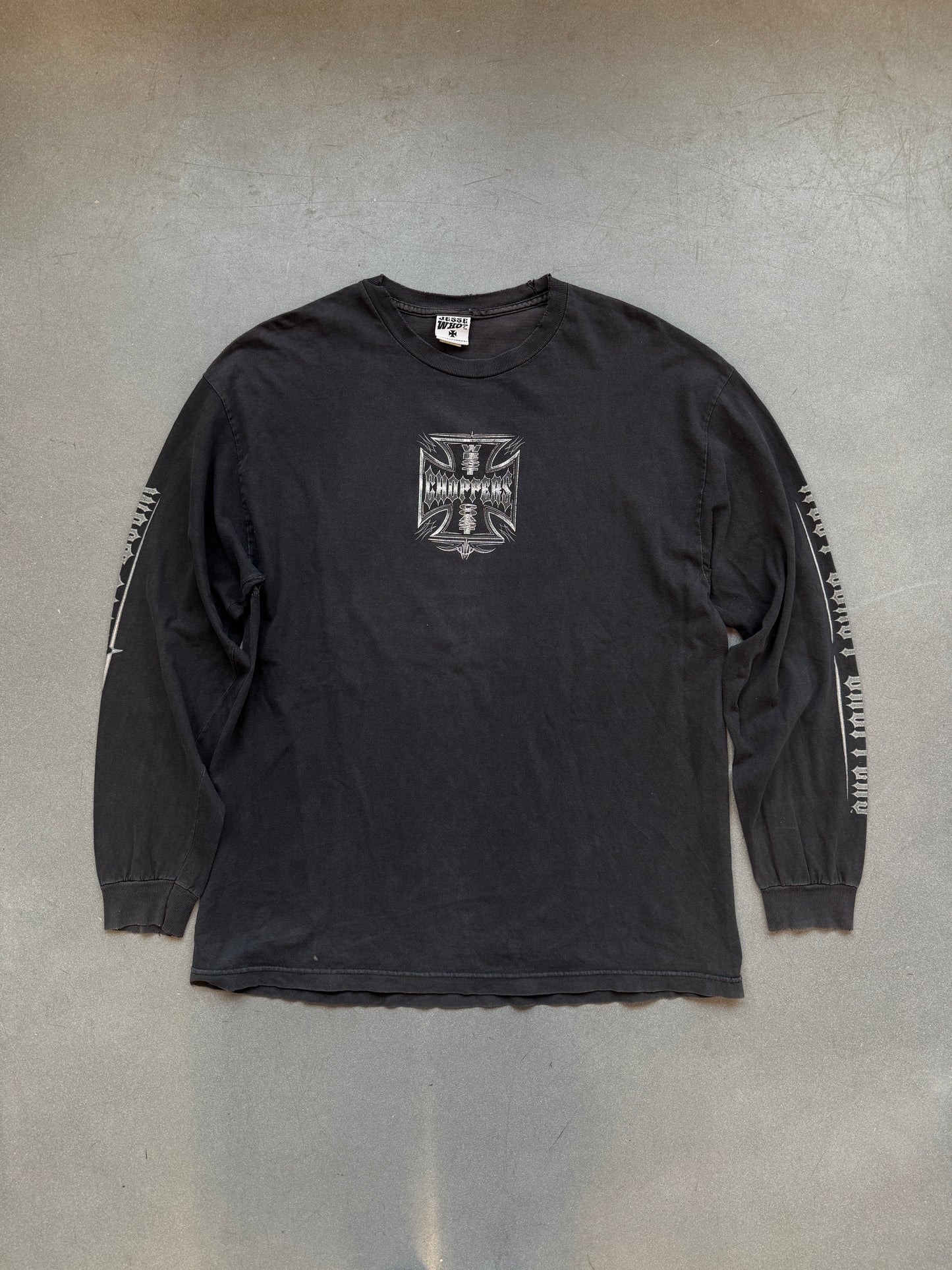 2000'S WEST COAST CHOPPERS LONG BEACH, CA SILVER PRINT PLUS LOGO LS TEE (JESSE WHO? TAG)