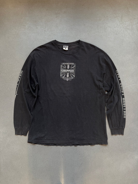 2000'S WEST COAST CHOPPERS LONG BEACH, CA SILVER PRINT PLUS LOGO LS TEE (JESSE WHO? TAG)
