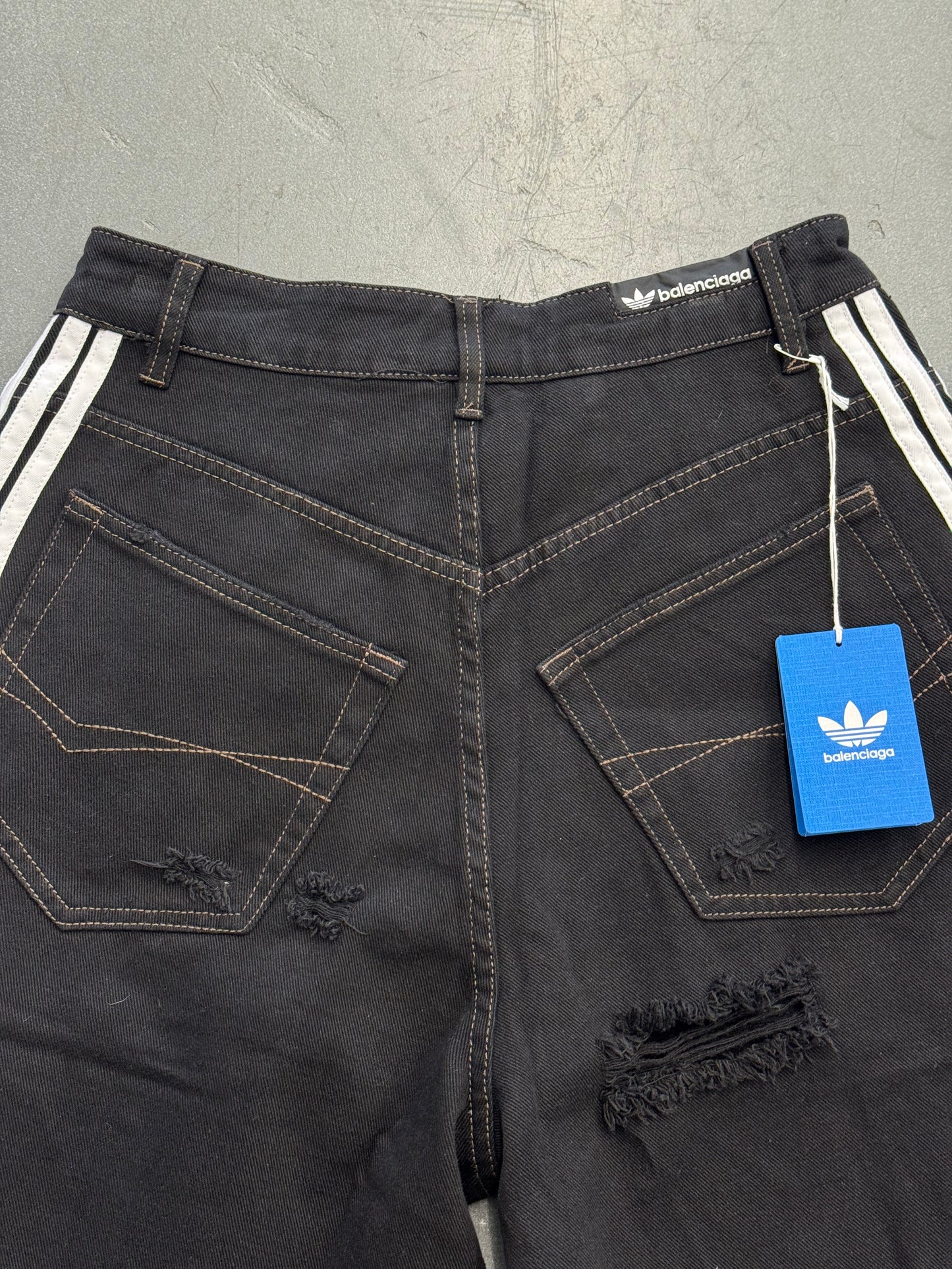 BALENCIAGA X ADIDAS DISTRESSED DENIM 3-STRIPE SHORTS (NWT S)