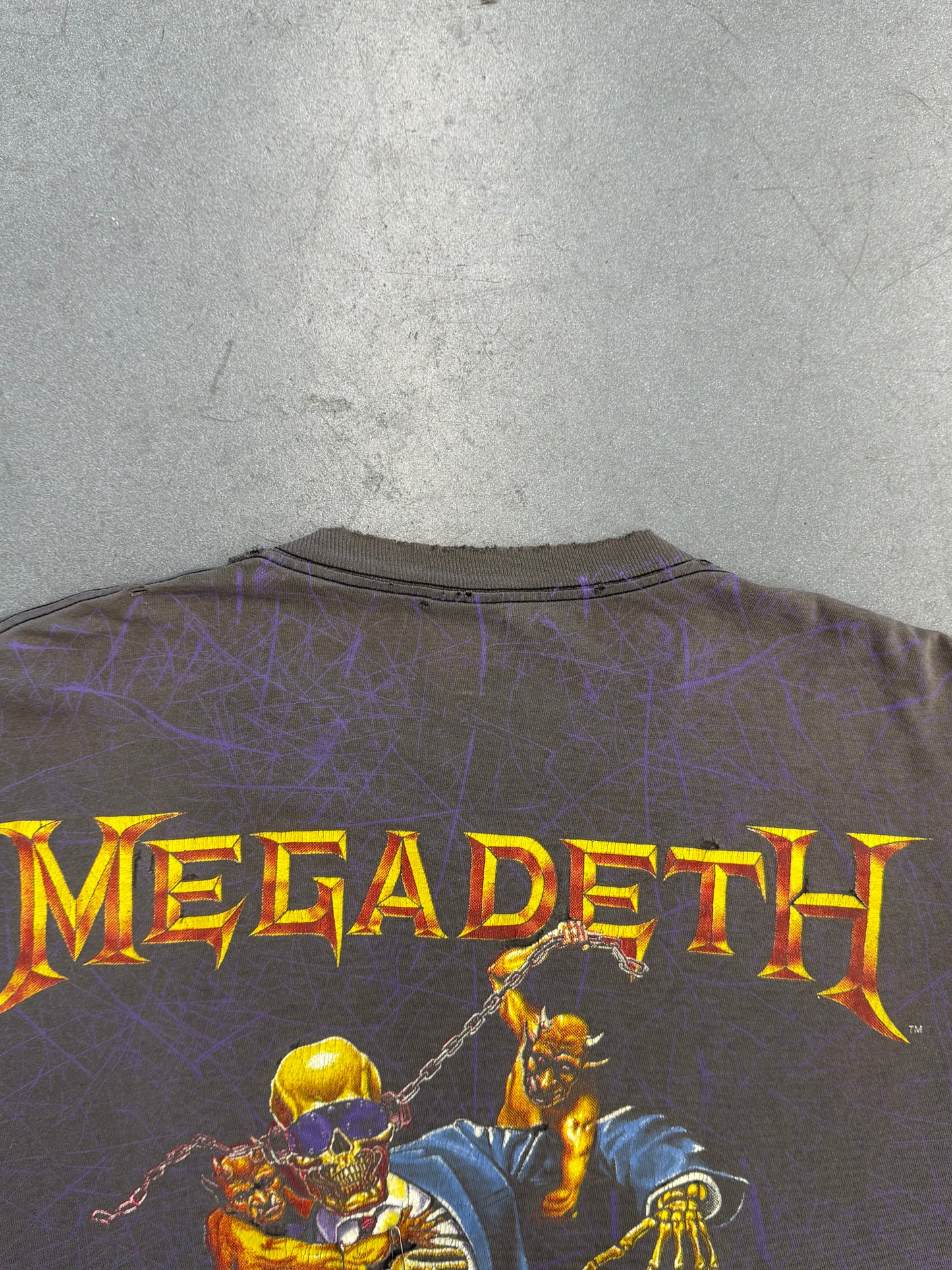 1991 MEGADEATH SUIT SKELETON THRASHED AOP PINNED TEE (BROCKUM TAG)