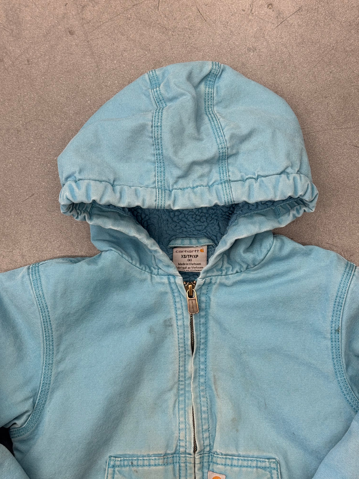 VINTAGE CARHARTT BABY BLUE CANVAS HOODED ZIP-UP JACKET (SHERPA LINED)