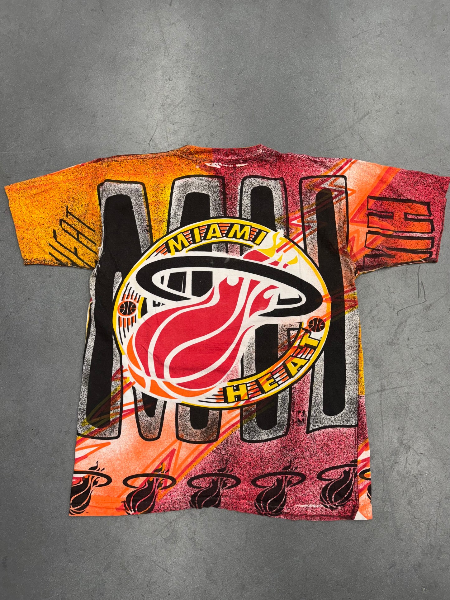90S MAGIC JOHNSON T'S MIAMI HEAT EMBLEM PAINTED AOP TEE