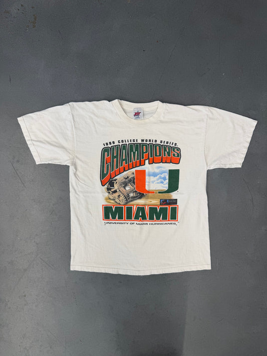 1999 UNIVERSITY OF MIAMI HURRICANES COLLEGE WORLD SERIES CHAMPIONS TEE (JOY TAG)