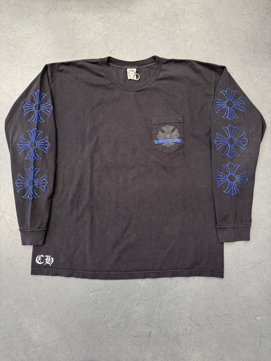 2010-12 CHROME HEARTS BLUE CROSS HORSESHOE LONG SLEEVE POCKET TEE - BLACK/BLUE