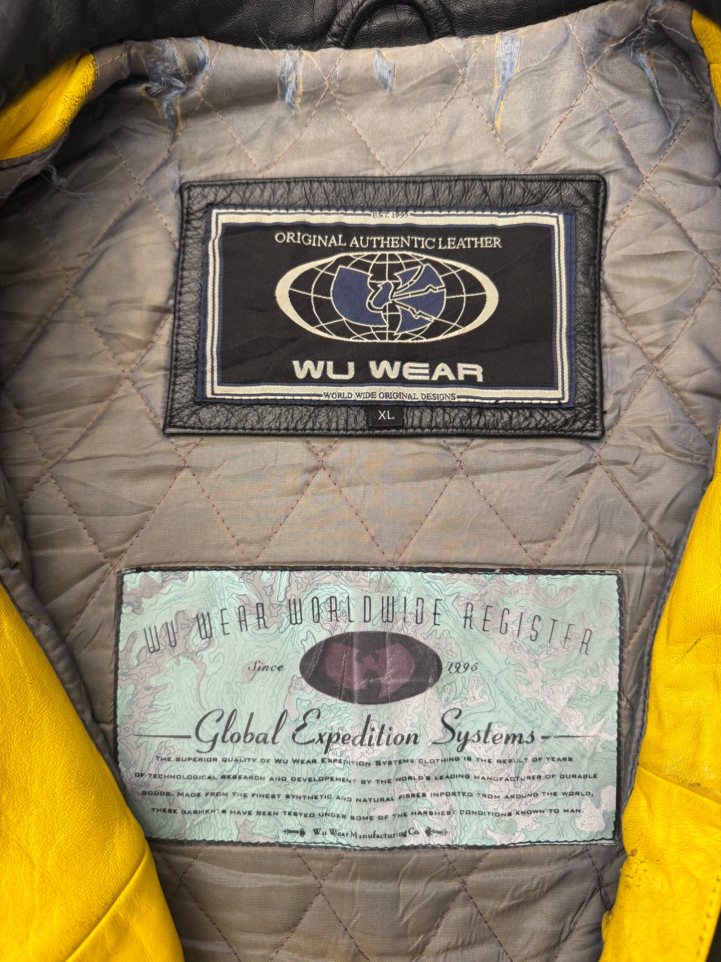 90S WU-TANG WU WEAR KILLAH BEEZ LEATHER VARSITY JACKET - BLACK/YELLOW