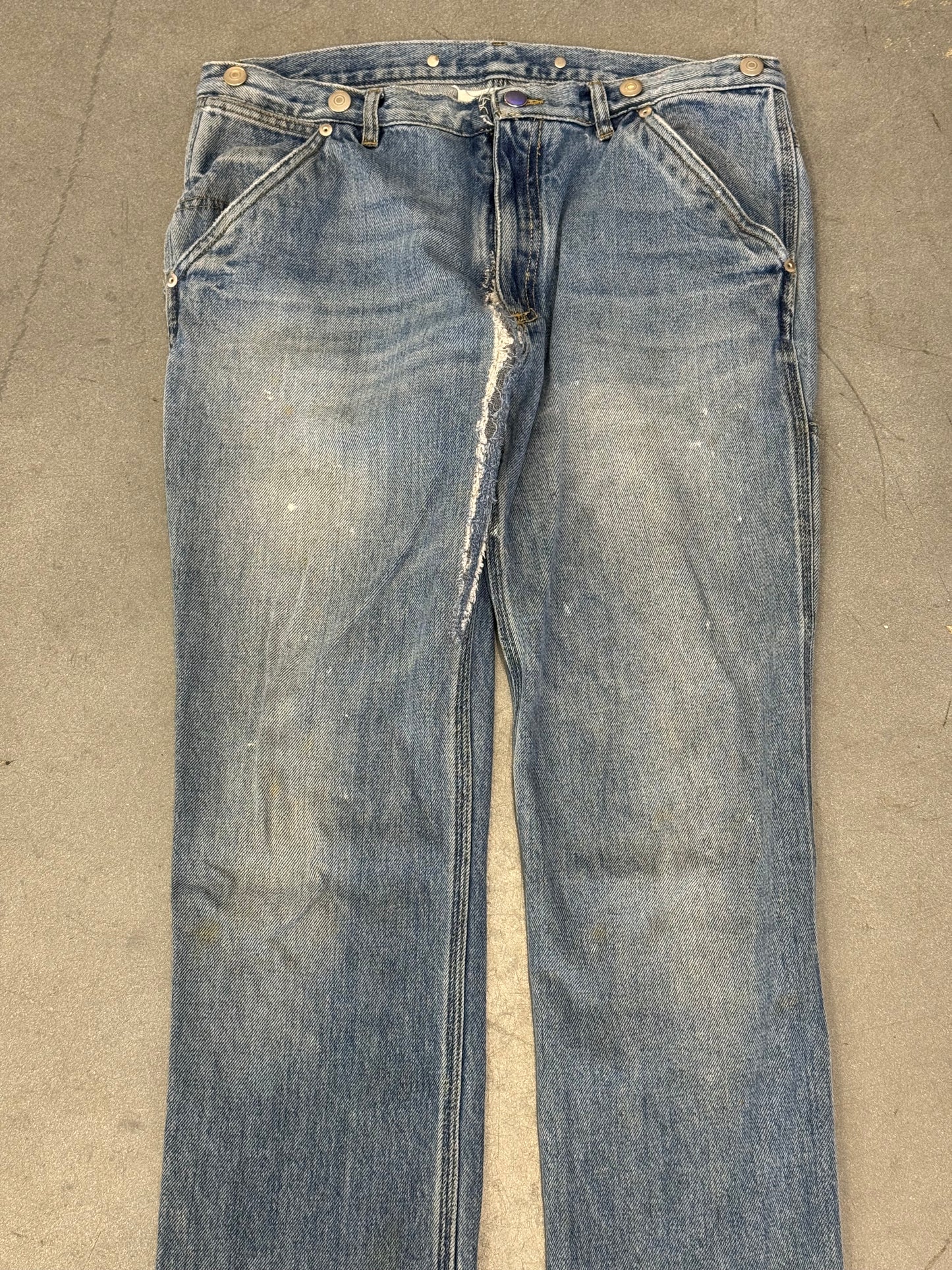 MAISON MARGIELA DISTRESSED SUSPENDER BUTTON REGULAR FIT JEANS - REPAIRED