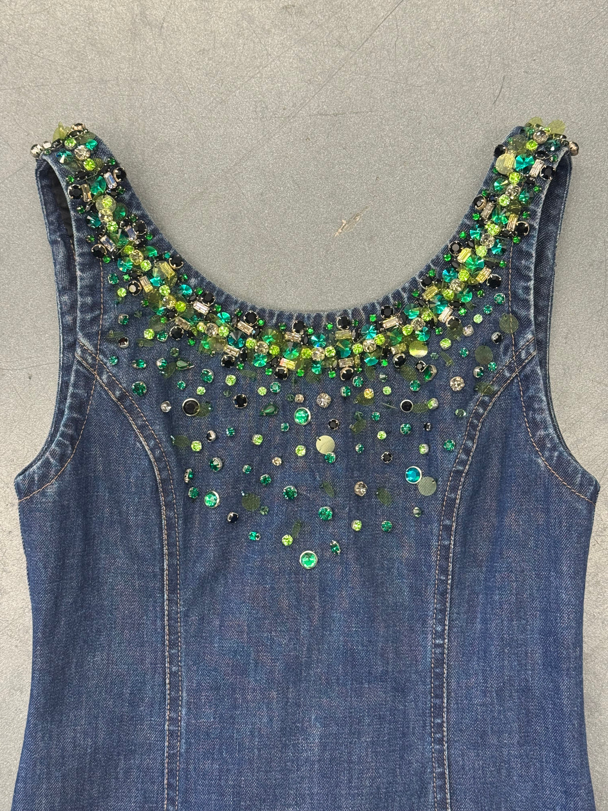 MIU MIU GREEN CRYSTAL DENIM ZIP DRESS
