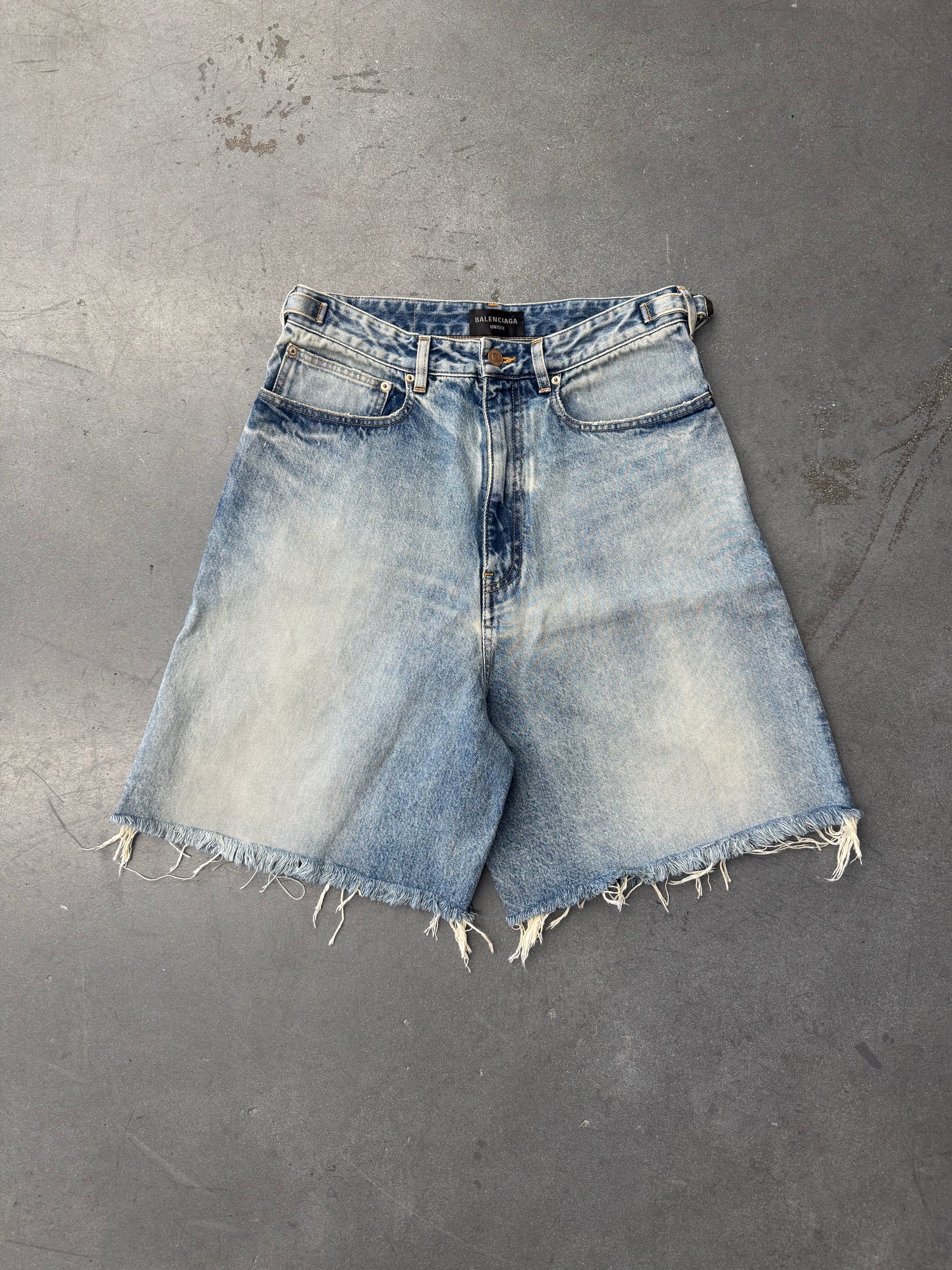 BALENCIAGA SKATER WIDE-LEG DISTRESSED DENIM SHORTS