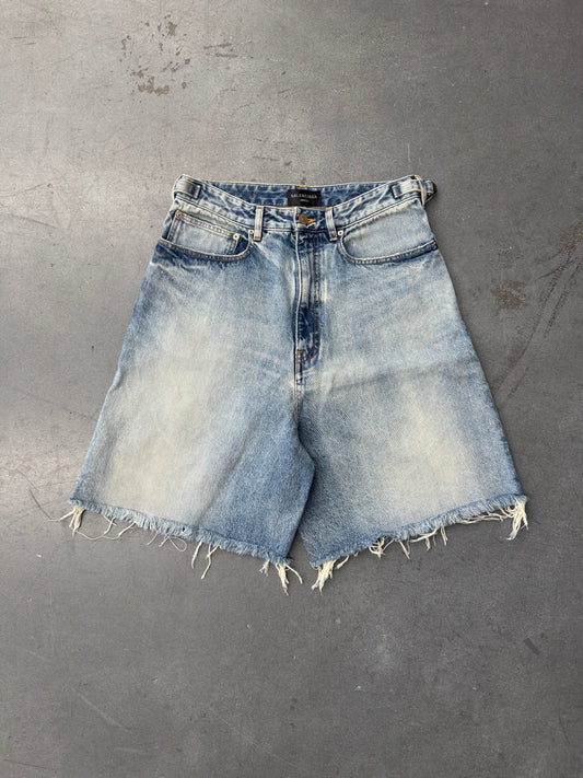 BALENCIAGA SKATER WIDE-LEG DISTRESSED DENIM SHORTS