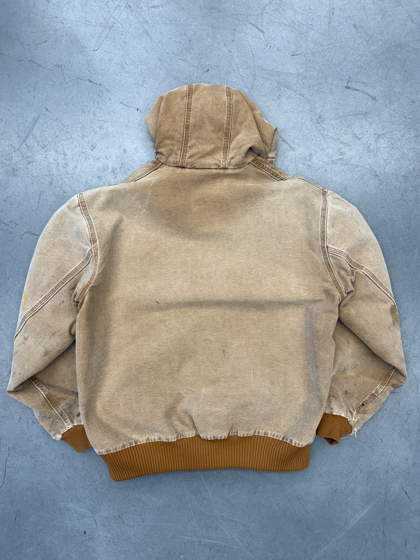 2000'S DISTRESSED TAN CARHARTT HOODED WORKWEAR ZIP UP JACKET (CARHARTT TAG J130211)