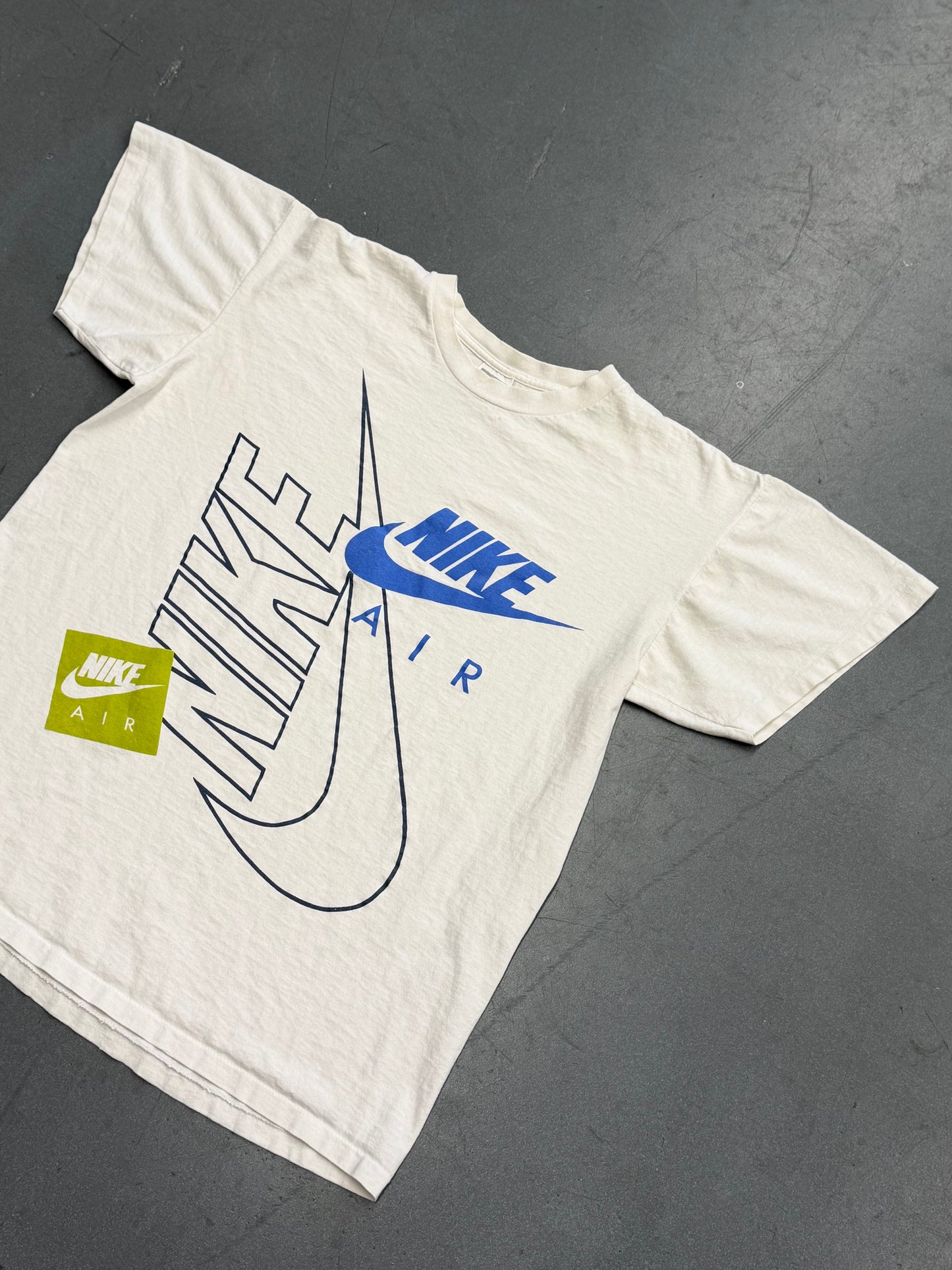 90S NIKE AIR LIGHT BLUE + GREEN MULTI LOGO TEE (GREY/RED/WHITE TAG)