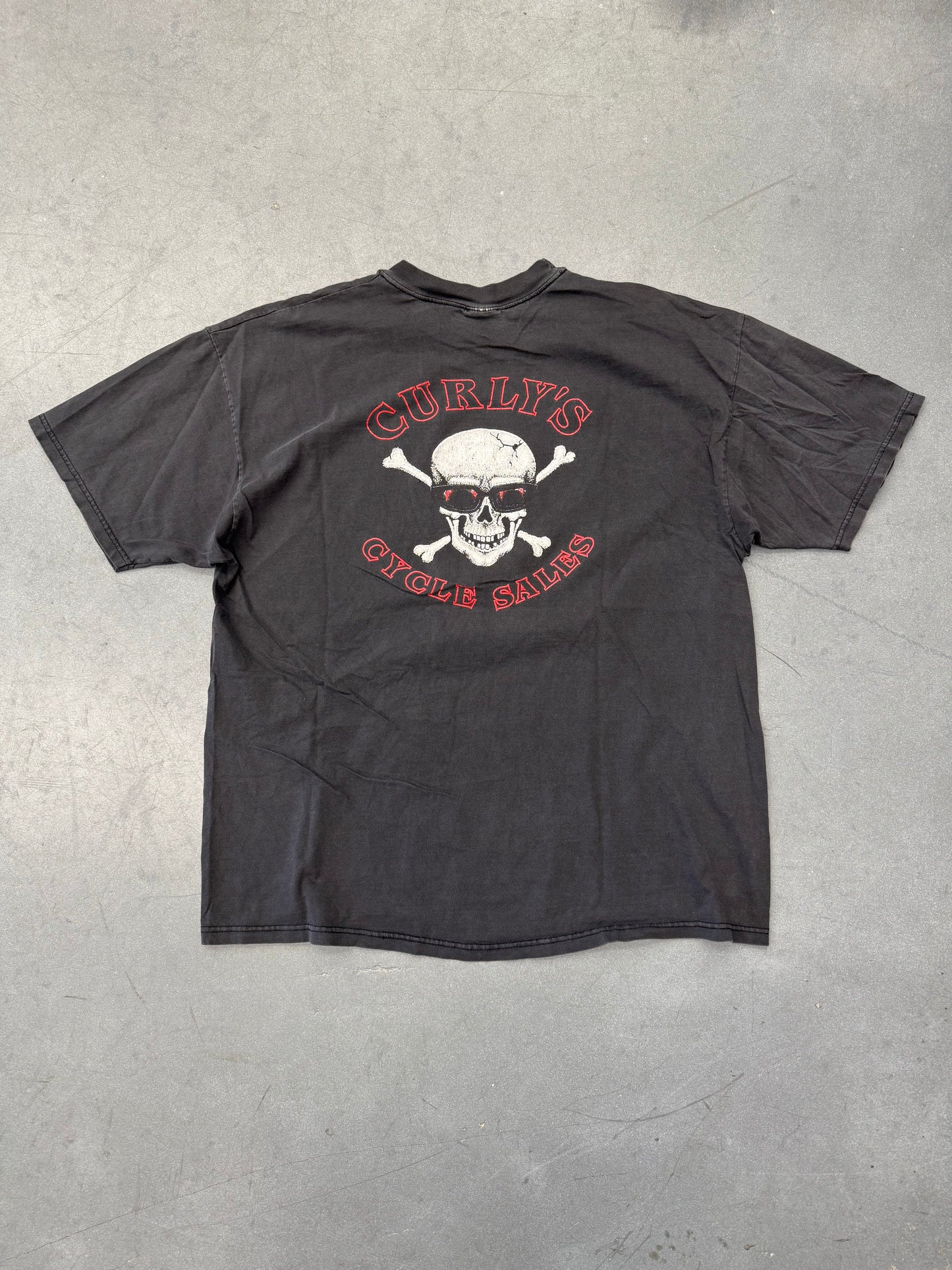 90S CURLY'S CYCLE SALES "CUSTOMER SATISFACTION?" TEE (HANES TAG)