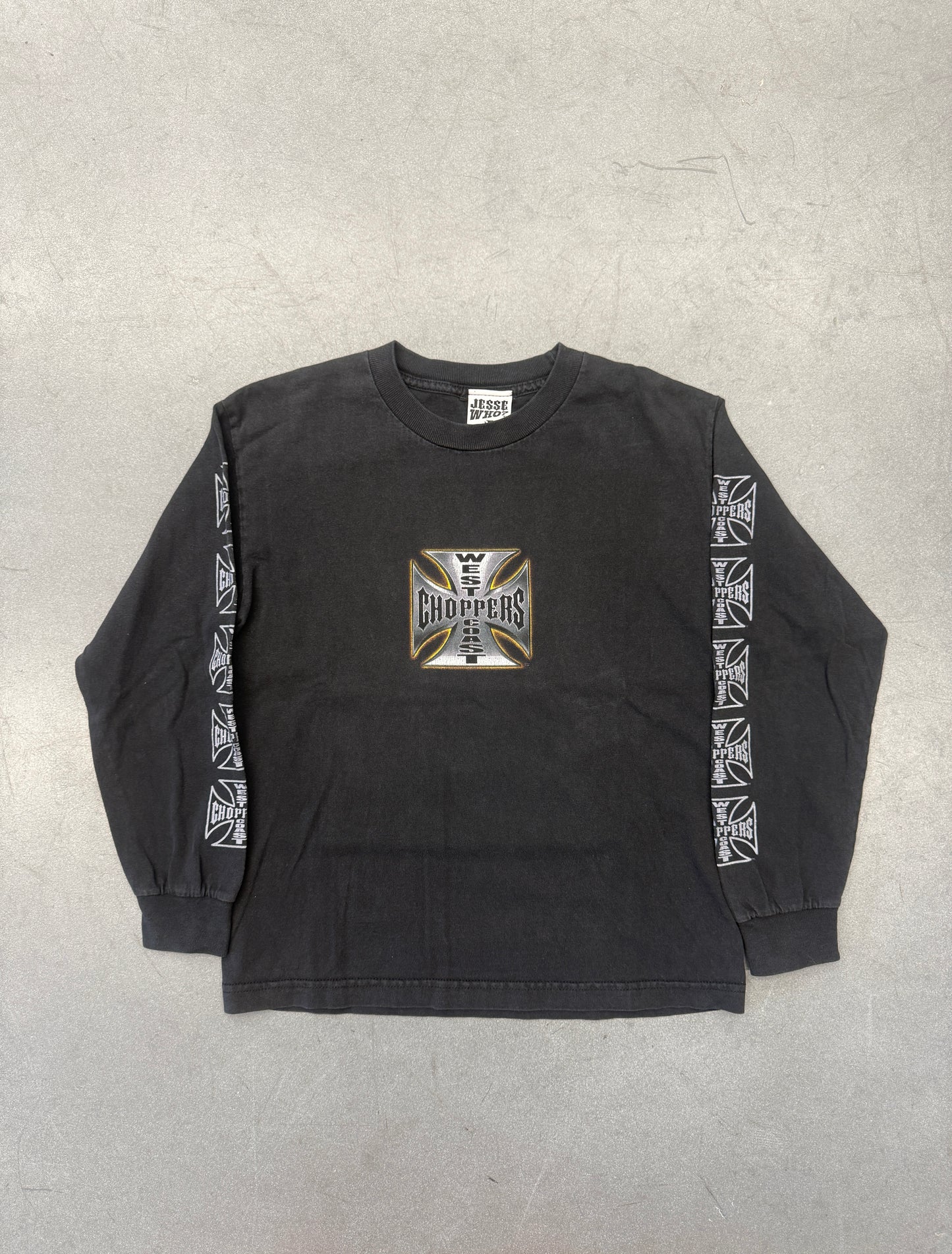 Y2K WEST COAST CHOPPERS LONG BEACH, CA GOLD-OUTLINE IRON CROSS-SLEEVE LS TEE (JESSE WHO? TAG)