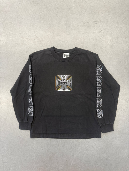 Y2K WEST COAST CHOPPERS LONG BEACH, CA GOLD-OUTLINE IRON CROSS-SLEEVE LS TEE (JESSE WHO? TAG)