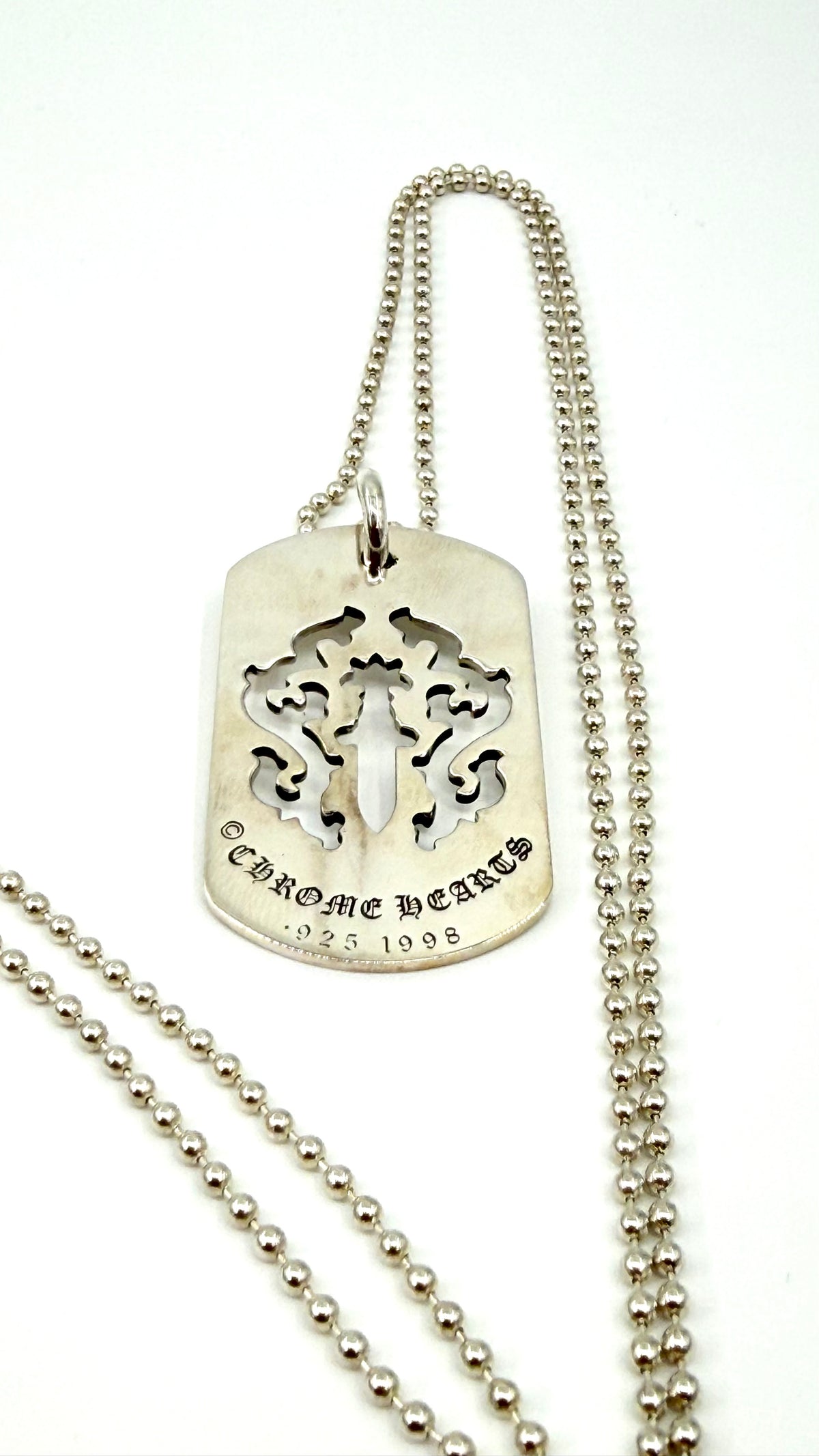 CHROME HEARTS DAGGER SILVER DOG TAG WITH 30" SILVER BALL CHAIN