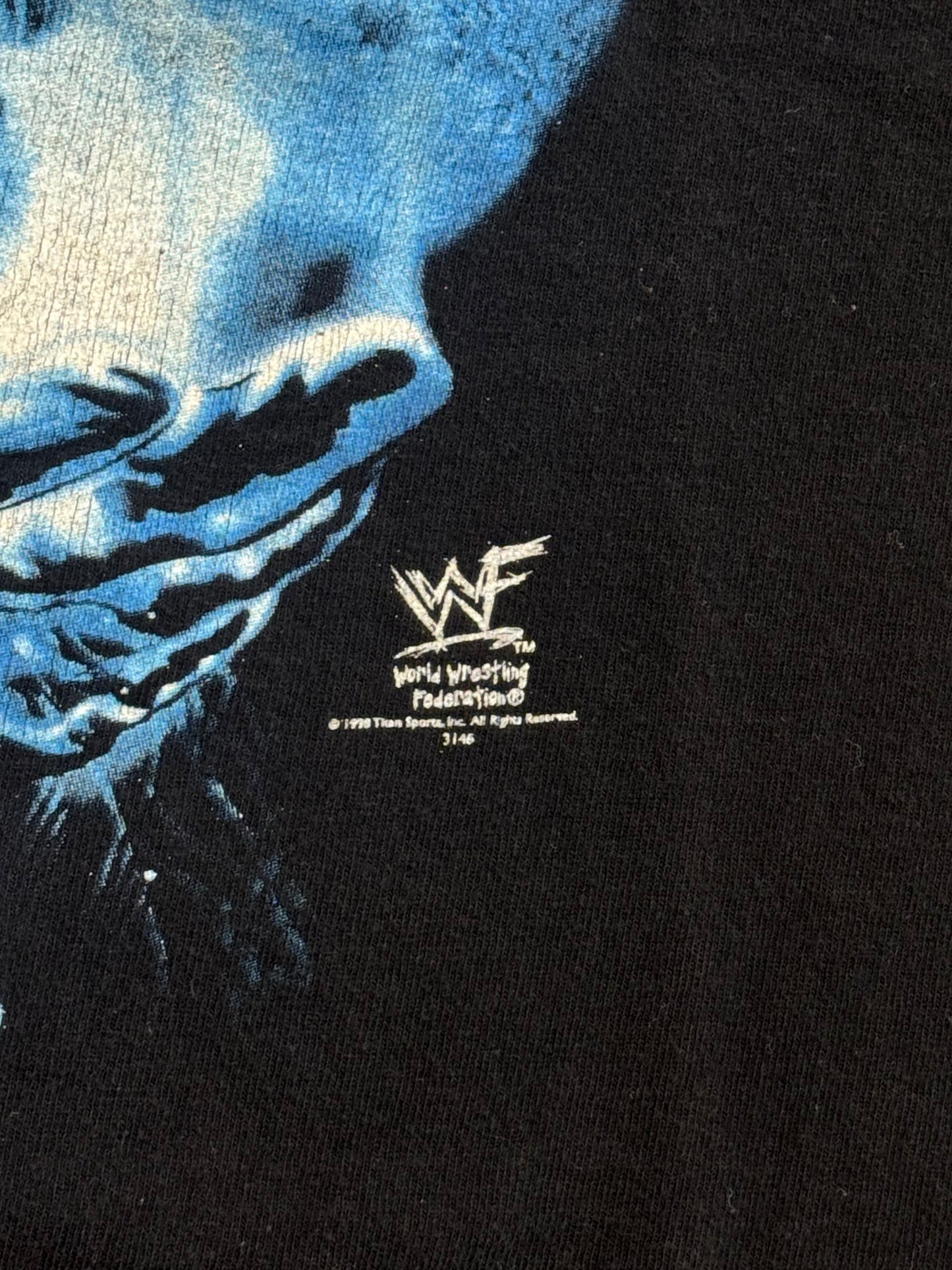 1998 THE UNDERTAKER WWF R.I.P TOMBSTONE BLUE PRINT TEE (JAM TAG)