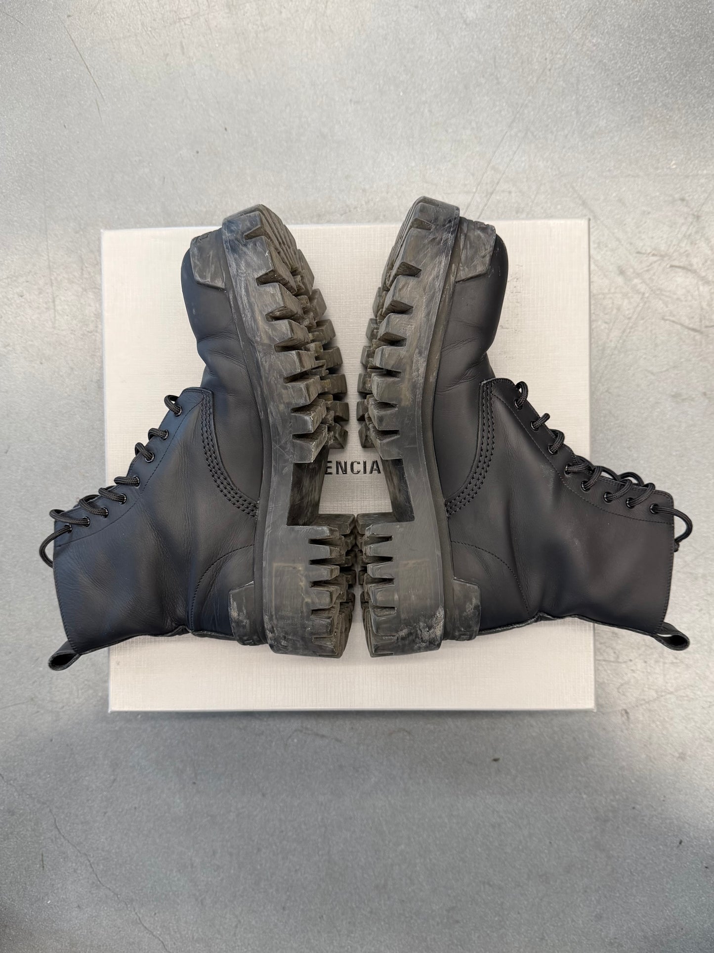 SIZE 39.5 BALENCIAGA RUBBER EFFECT LEATHER STRIKE BOOT (WITH BOX)