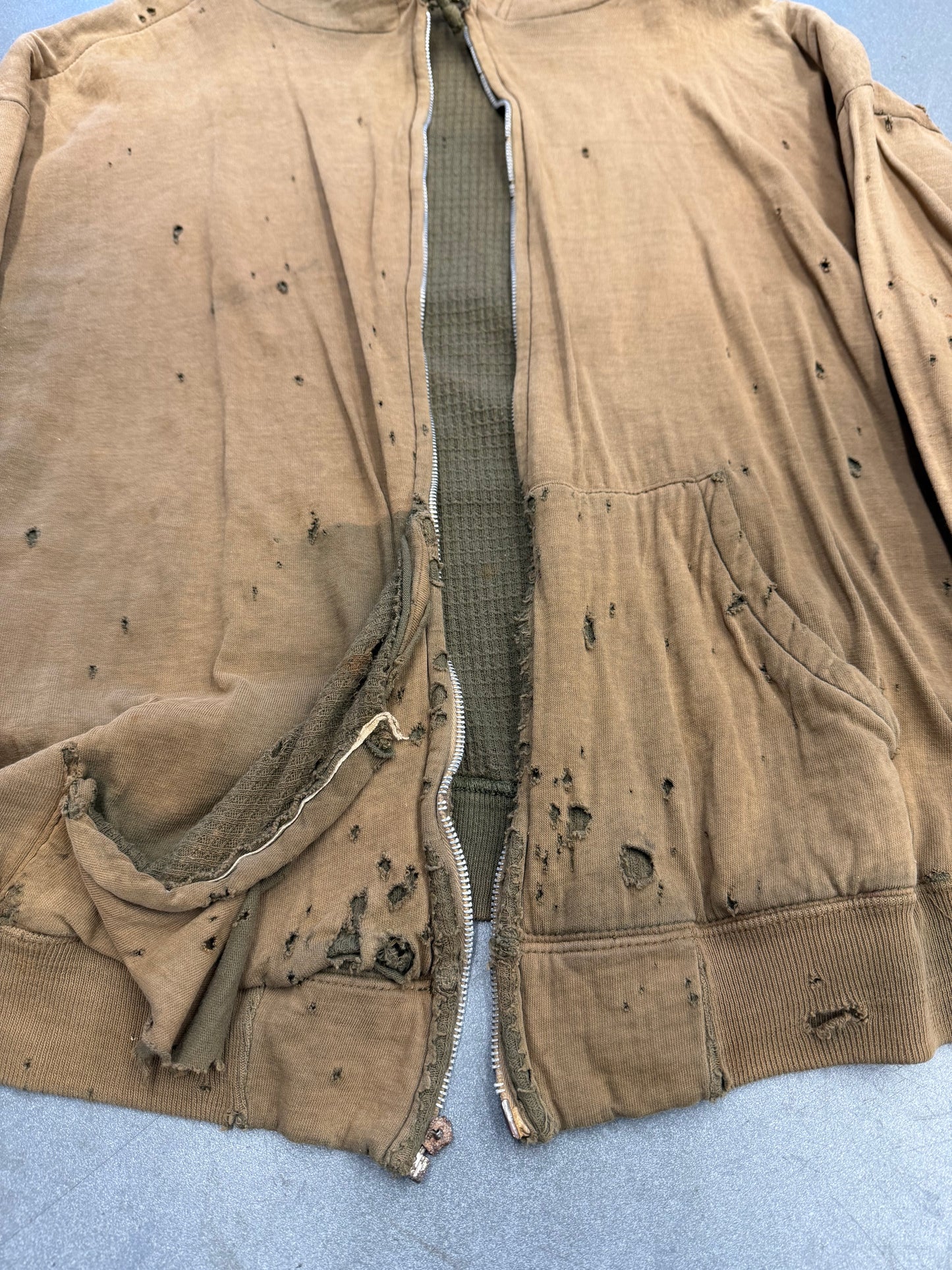 1950'S THRASHED SELVEDGED WAFFLE LINE ZIP UP HOODIE