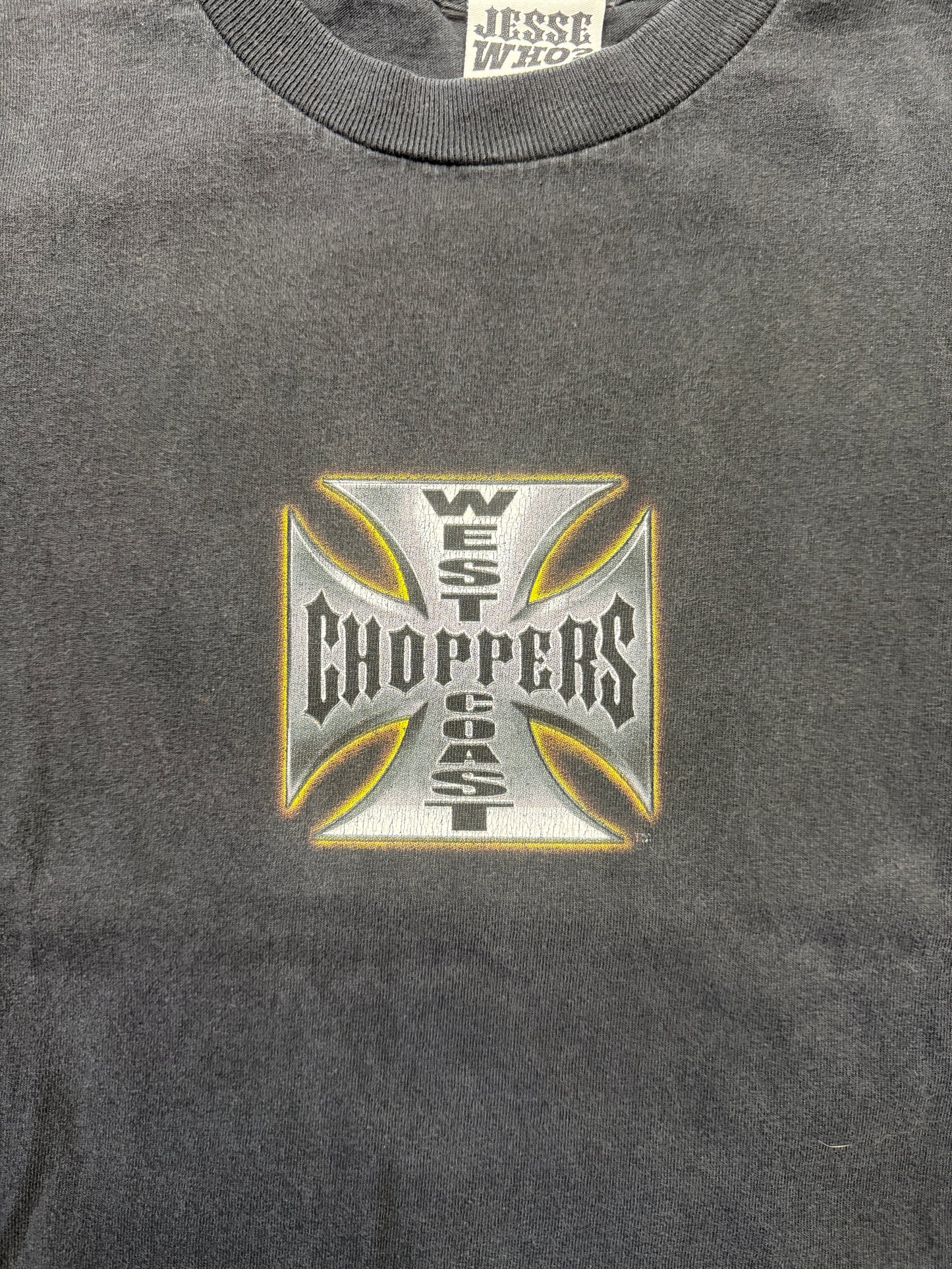 Y2K WEST COAST CHOPPERS LONG BEACH, CA GOLD-OUTLINE IRON CROSS-SLEEVE LS TEE (JESSE WHO? TAG)