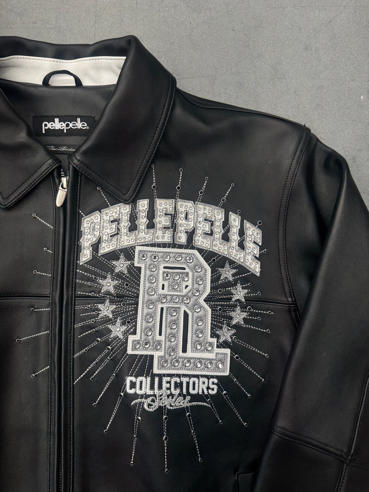PELLEPELLE ROLLING LOUD RHINESTONE LEATHER VARSITY JACKET