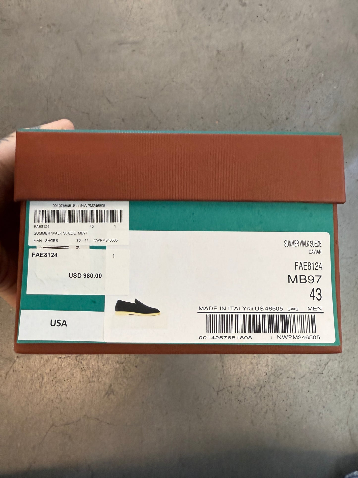 SIZE 43 LORO PIANA SUMMER WALK SUEDE - CAVIAR (PRE-OWNED WITH BOX)