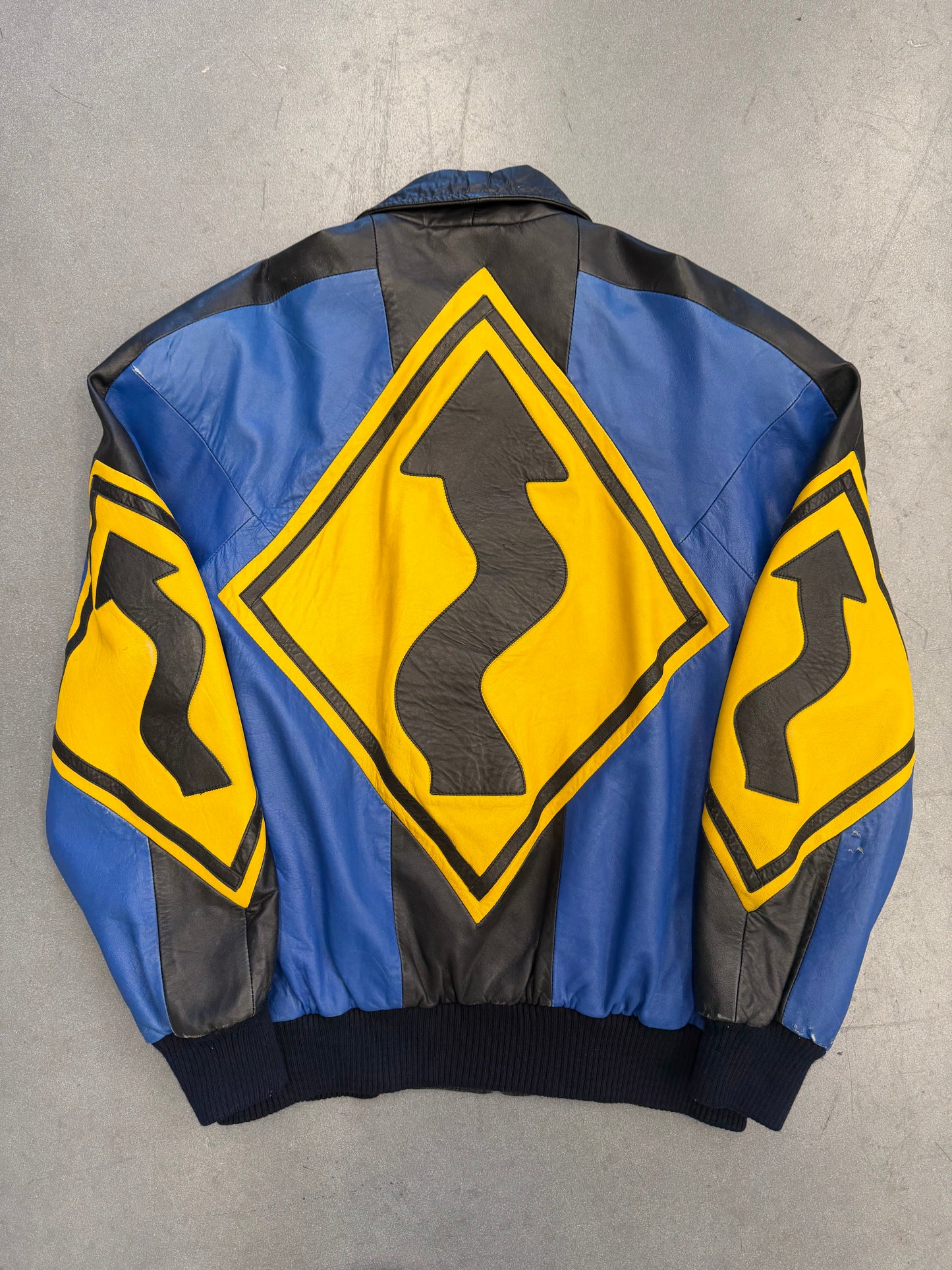 VINTAGE MICHAEL HOBAN NORTH BEACH STREET SIGN LEATHER JACKET - BLUE/YELLOW (S)