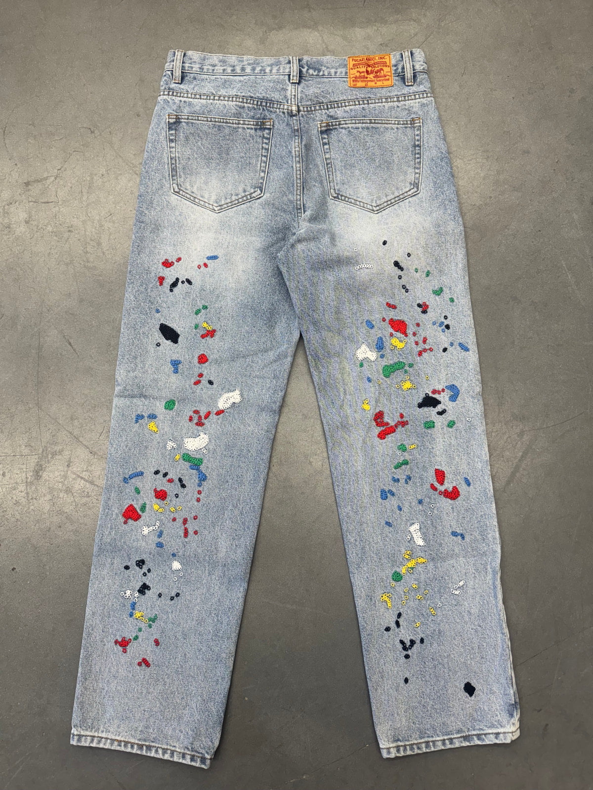 FUGAZI CHAIN EMBROIDERED PAINT SPLATTER LIGHT WASH JEAN