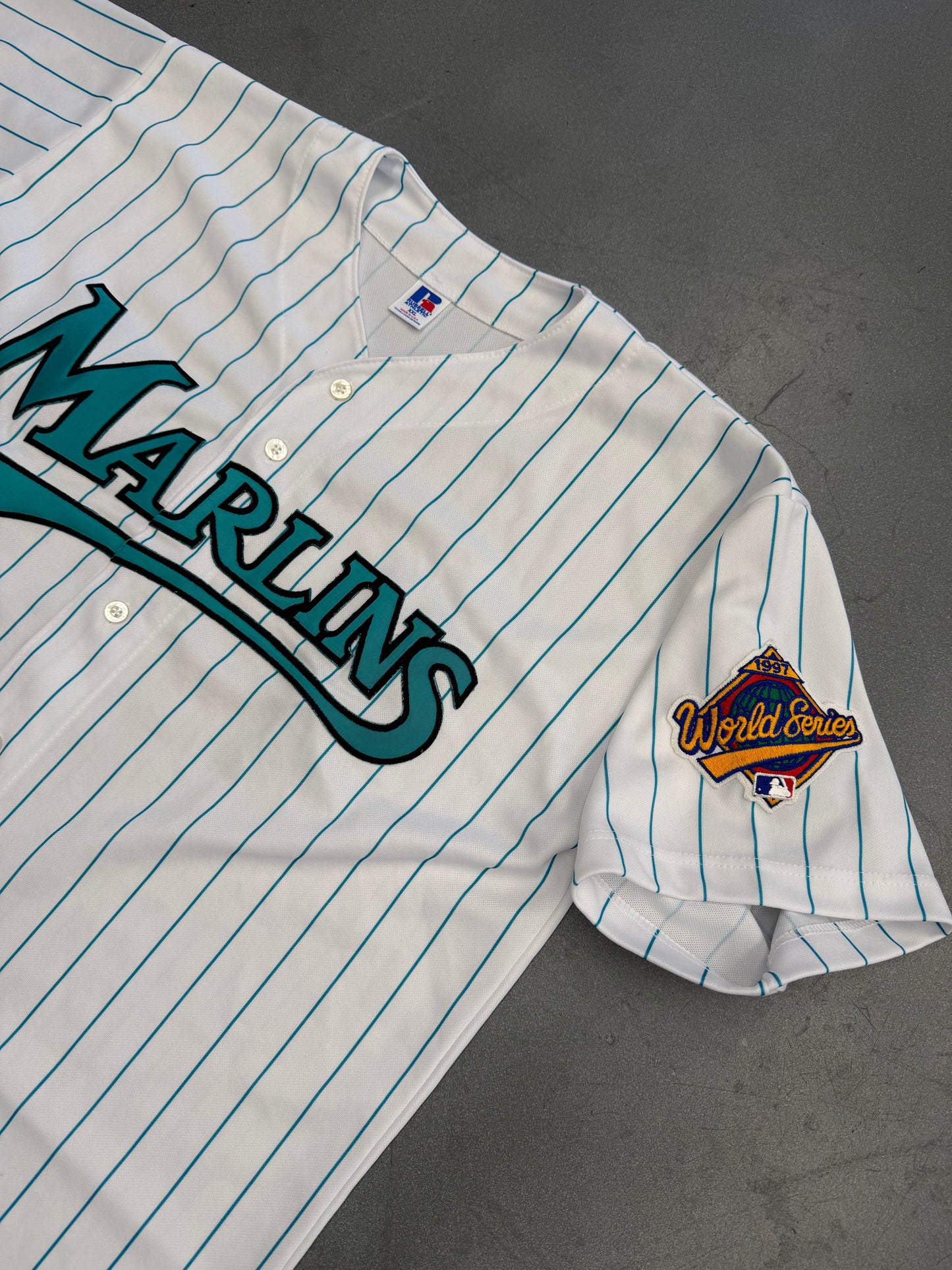 1997 FLORIDA MARLINS  RUSSELL ATHLETIC PINSTRIPE BASEBALL JERSEY