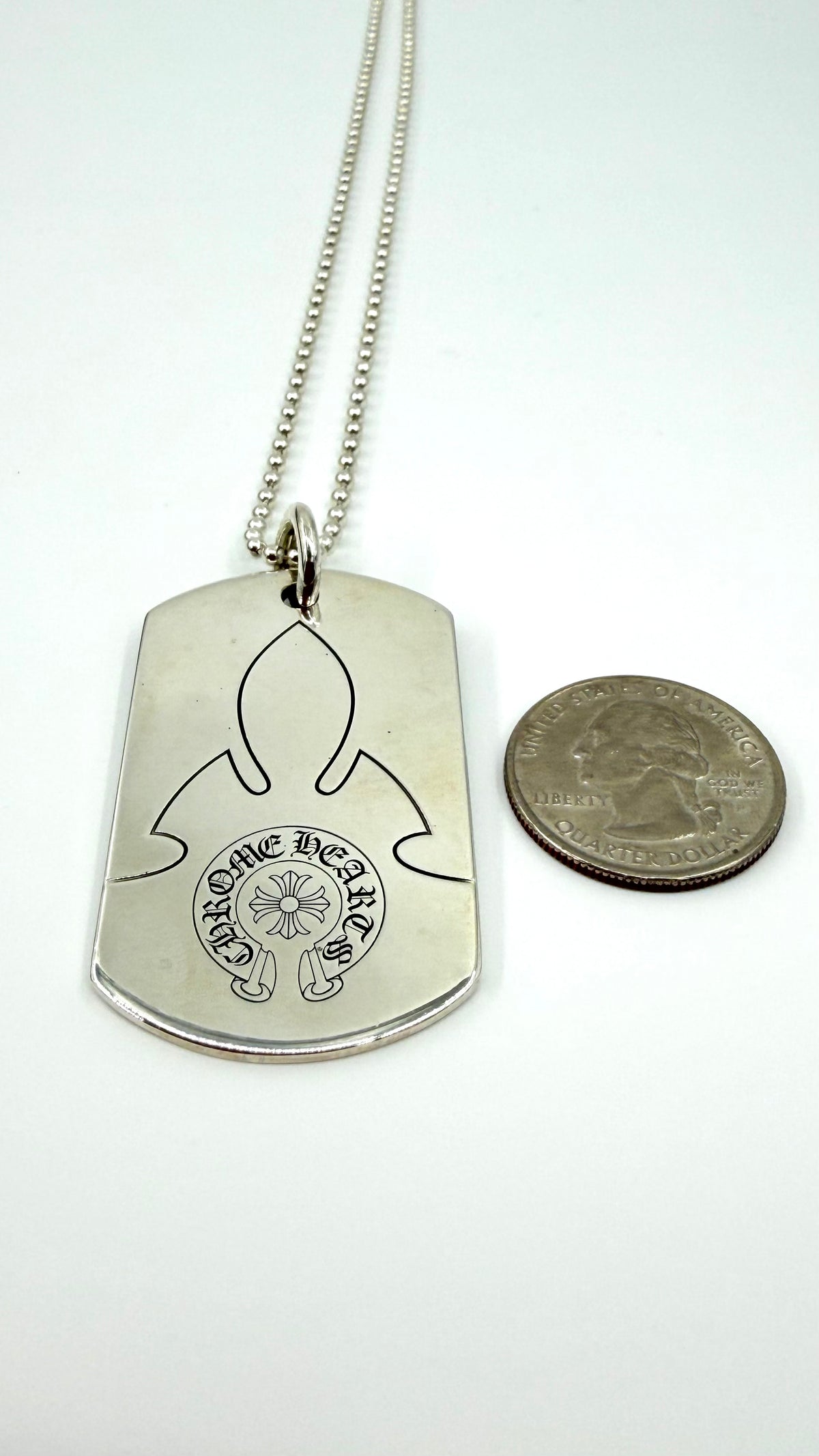CHROME HEARTS FLEUR SILVER DOG TAG WITH 30 INCH SILVER BALL CHAIN