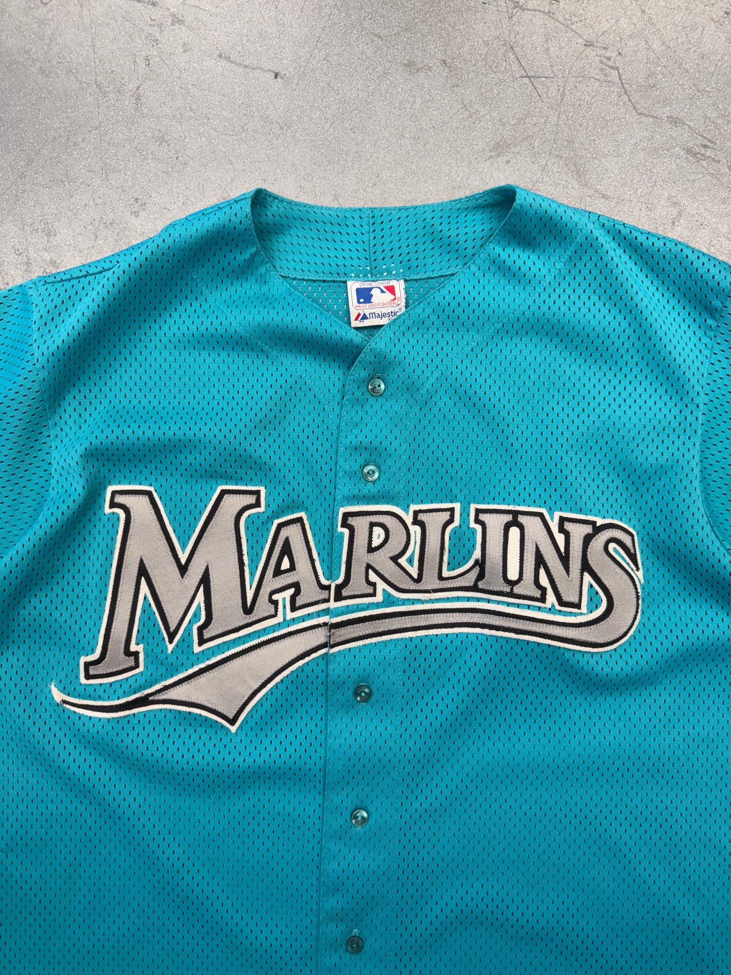 90S FLORIDA MARLINS MESH BUTTON-UP BASEBALL JERSEY (MAJESTIC TAG)