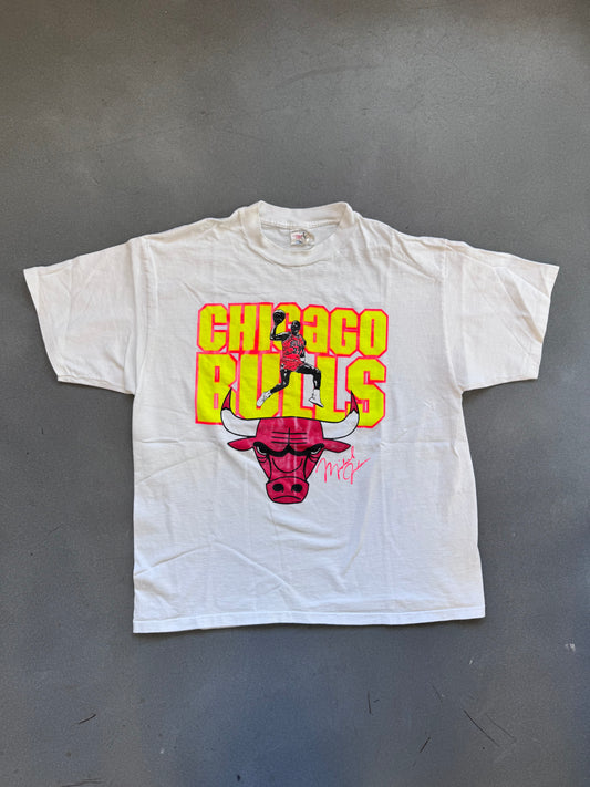 80'S CHICAGO BULLS NEON YELLOW/PINK LETTERING MICHAEL JORDAN BOOTLEG TEE (AMERICAN MARKETING WORKS TAG)