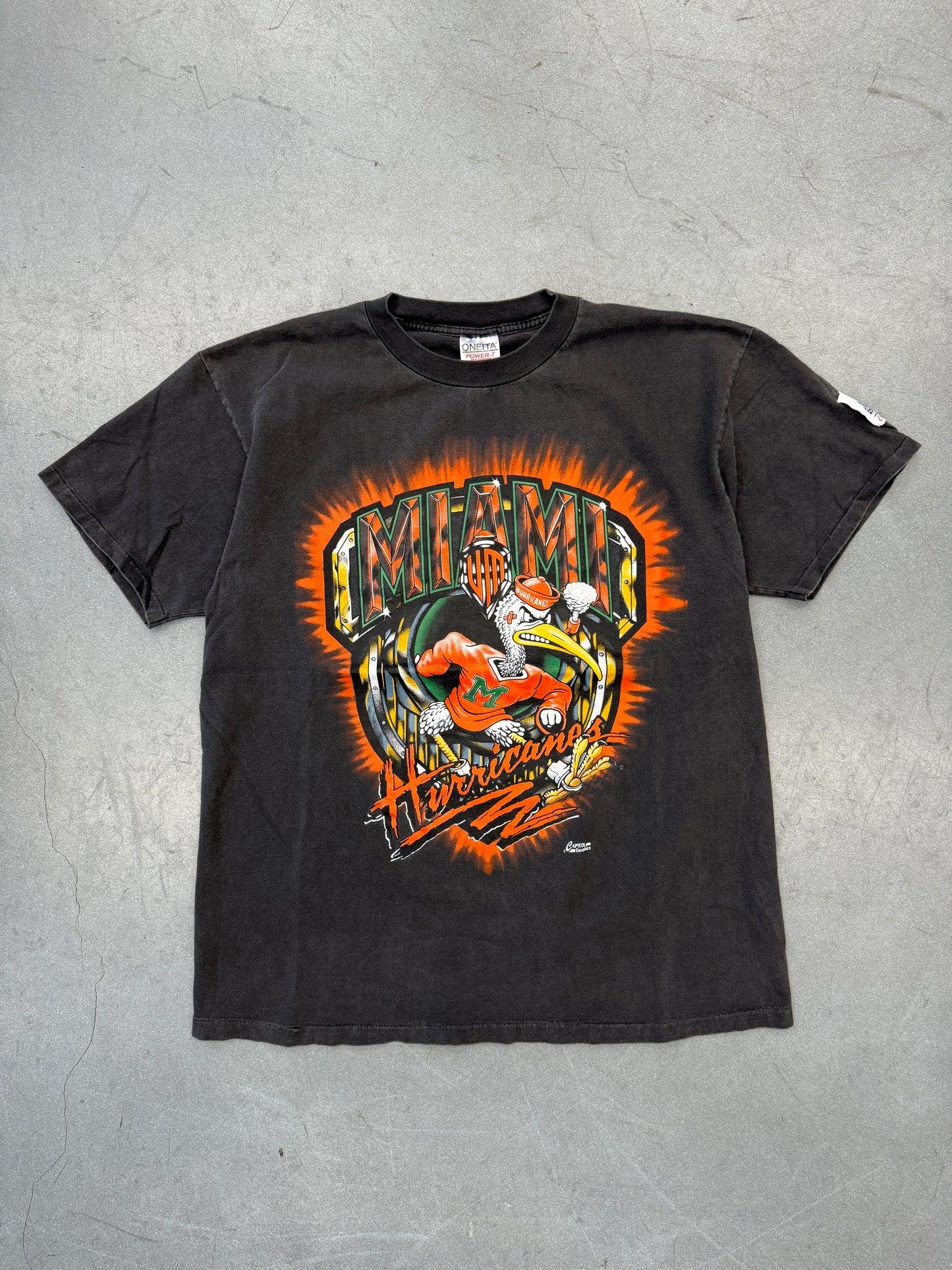 90S UNIVERSITY OF MIAMI HURRICANES SEBASTIAN EMBLEM CAPITOL GRAPHICS TEE (ONEITA TAG)