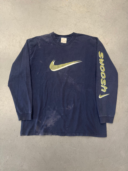 90S NIKE SWOOSH SLEEVE SPELLOUT  LS TEE (WHITE/RED MADE IN USA NIKE TAG)