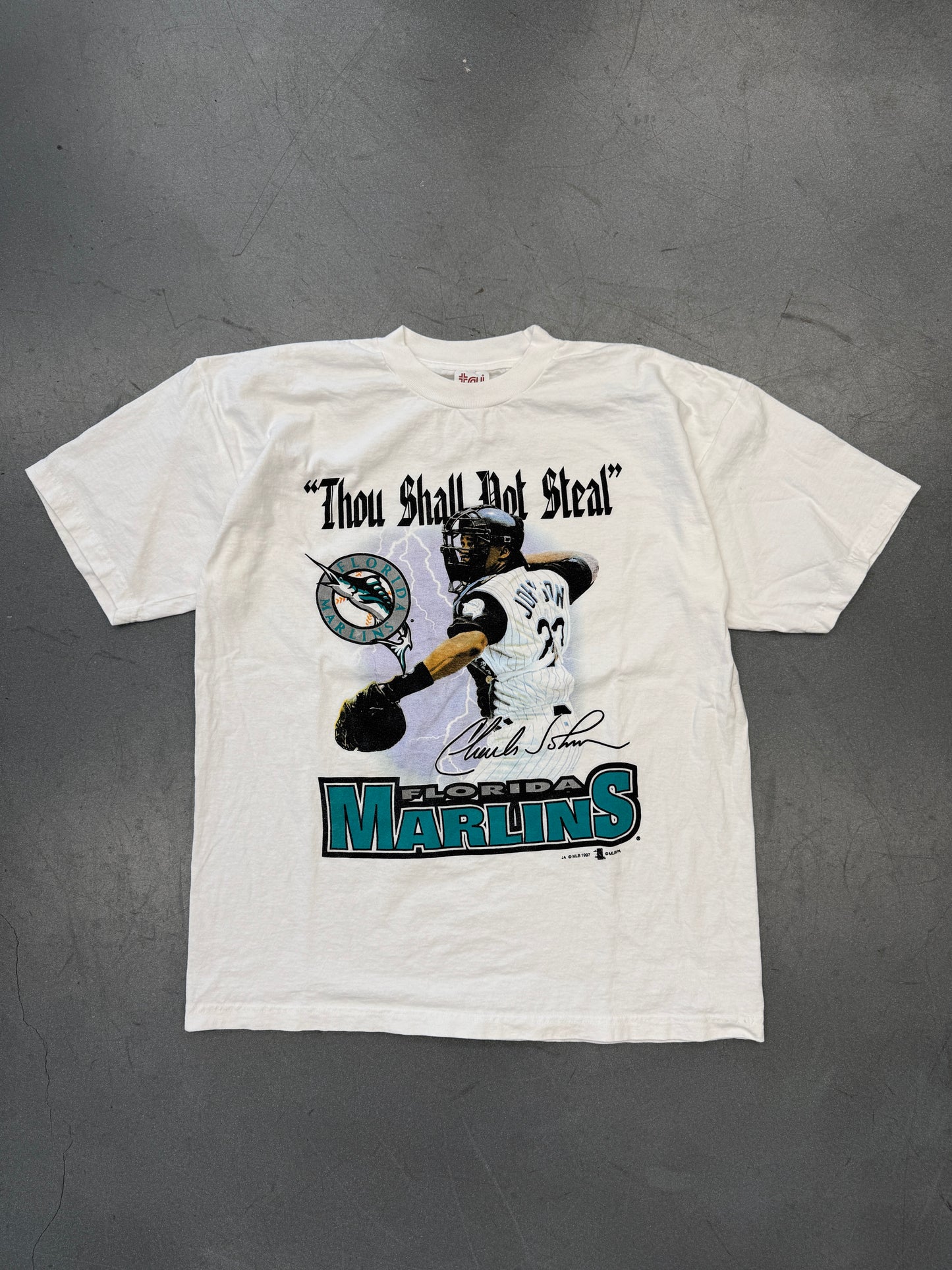 1997 MLB FLORIDA MARLINS THOU SHALL NOT STEAL TEE (TRY TAG)