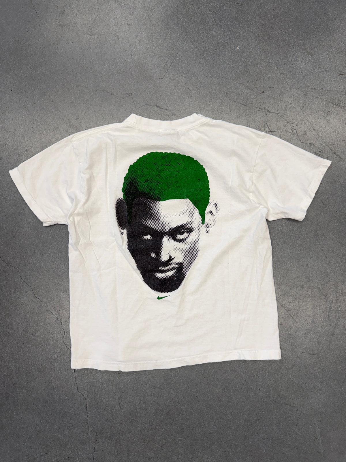 90S NIKE DENNIS RODMAN CENTER SWOOSH TEE - GREEN HAIR (WHITE/RED TAG)