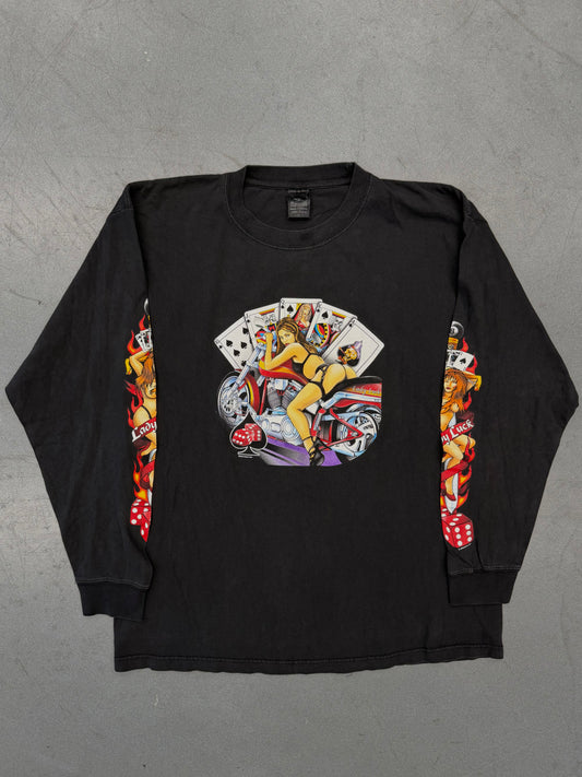 2001 LADY LUCK PIN UP GIRL WITH CARDS AND DICE LS TEE (LIGHTNING CLOTHING TAG)