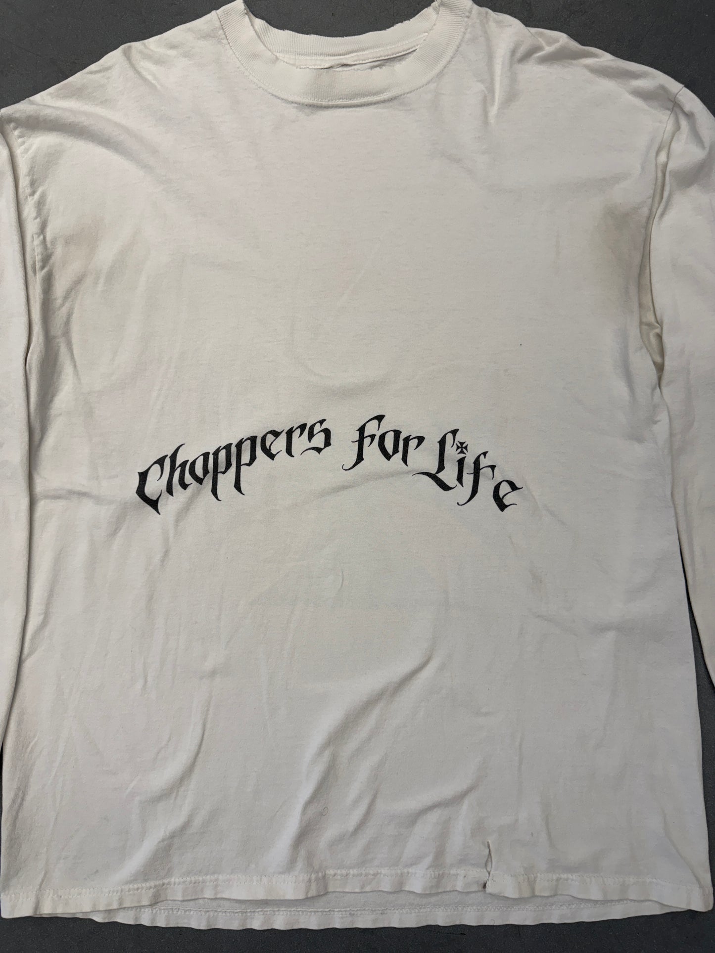 90S WEST COAST CHOPPERS "CHOPPERS FOR LIFE" CRACKING IRON CROSS SKETCH-FLAME SLEEVE LS TEE (PULLED TAG)