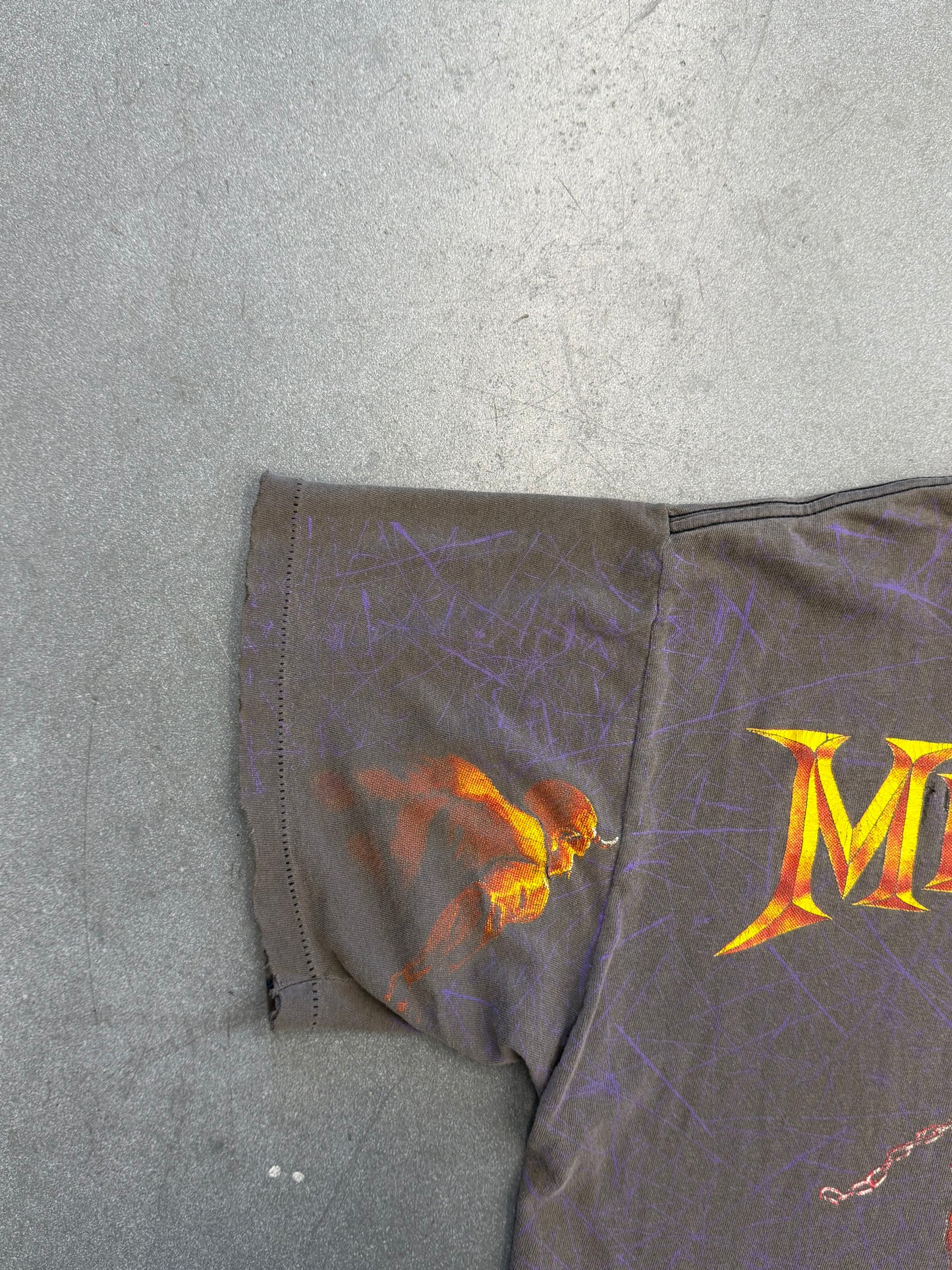 1991 MEGADEATH SUIT SKELETON THRASHED AOP PINNED TEE (BROCKUM TAG)
