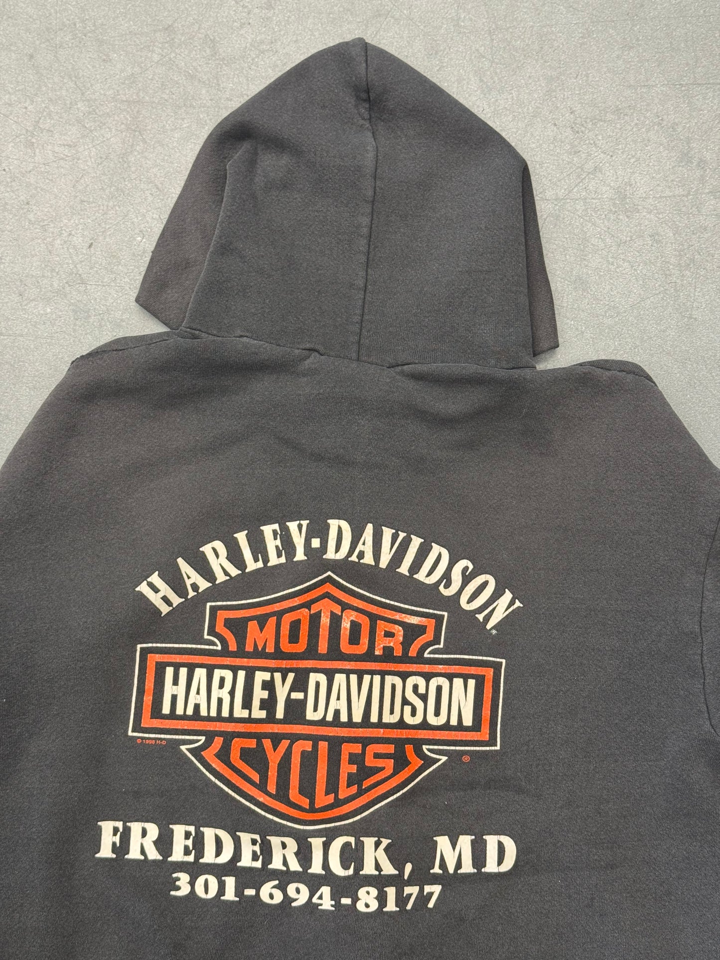 1999 HARLEY-DAVIDSON FLAME SLEEVE ZIP-UP FREDERICK, MD HOODIE (LEE TAG)